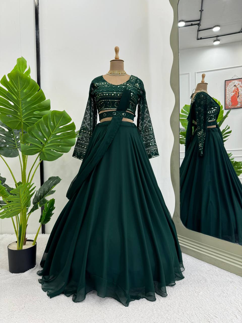 Green Faux Georgette Lehenga Choli for Women