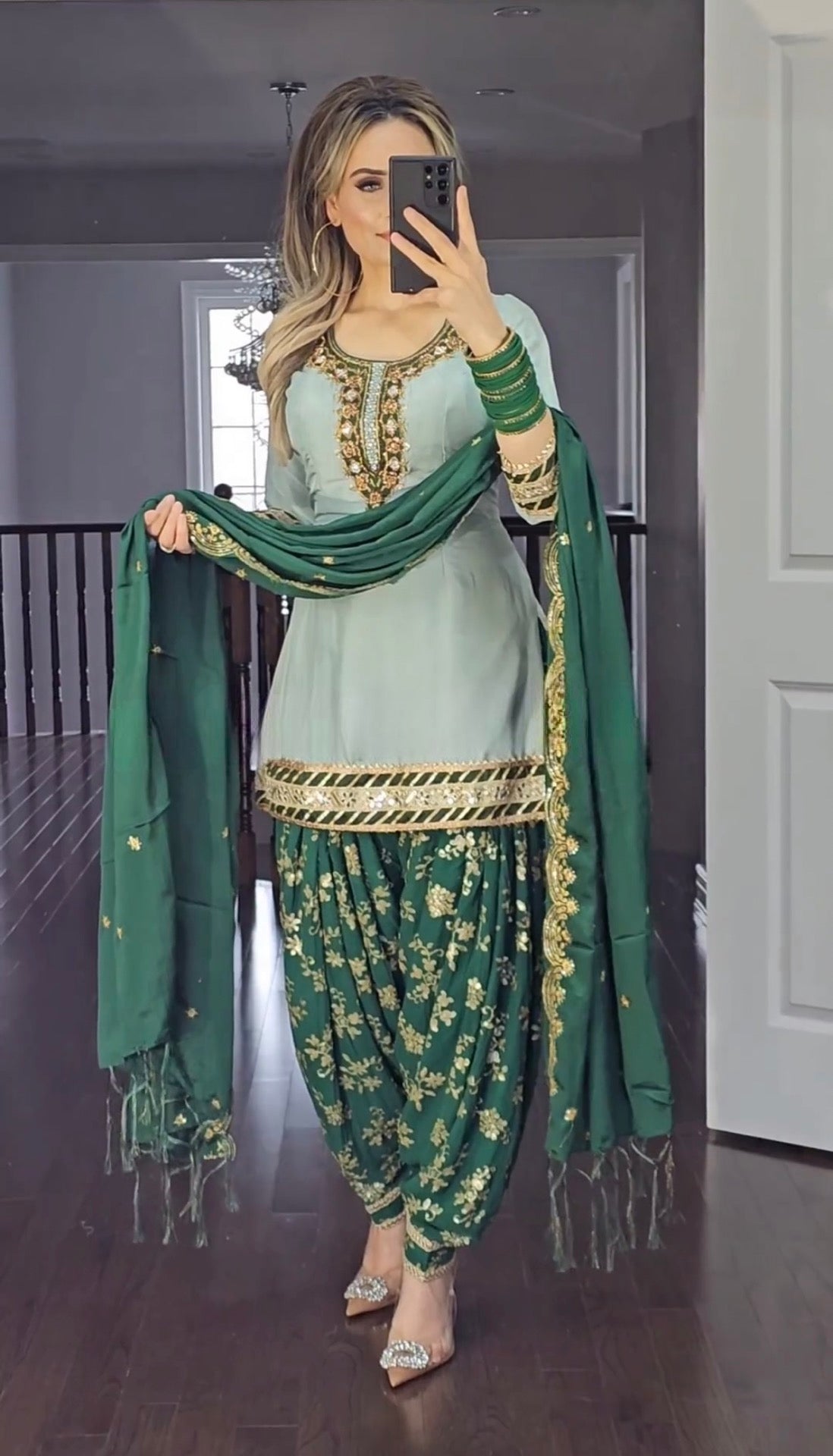 Faux Georgette with sequence embroidery work green salwar kameez