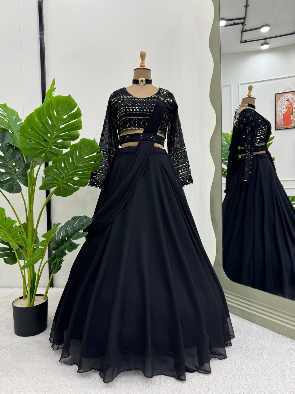 Black Faux Georgette Latest Designer Lehenga