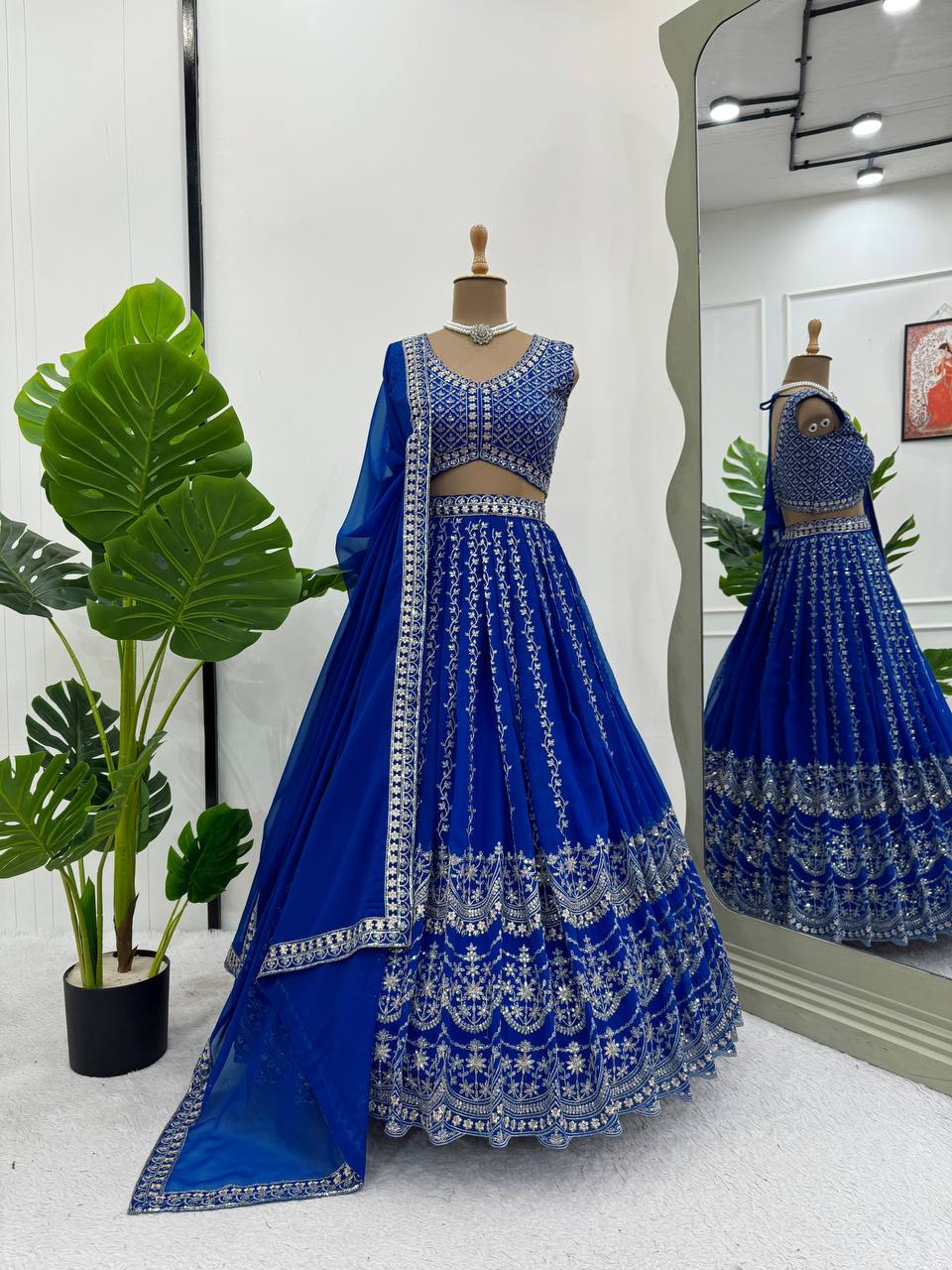 Blue Foux Georgette Embroidery Lehenga Choli for Women