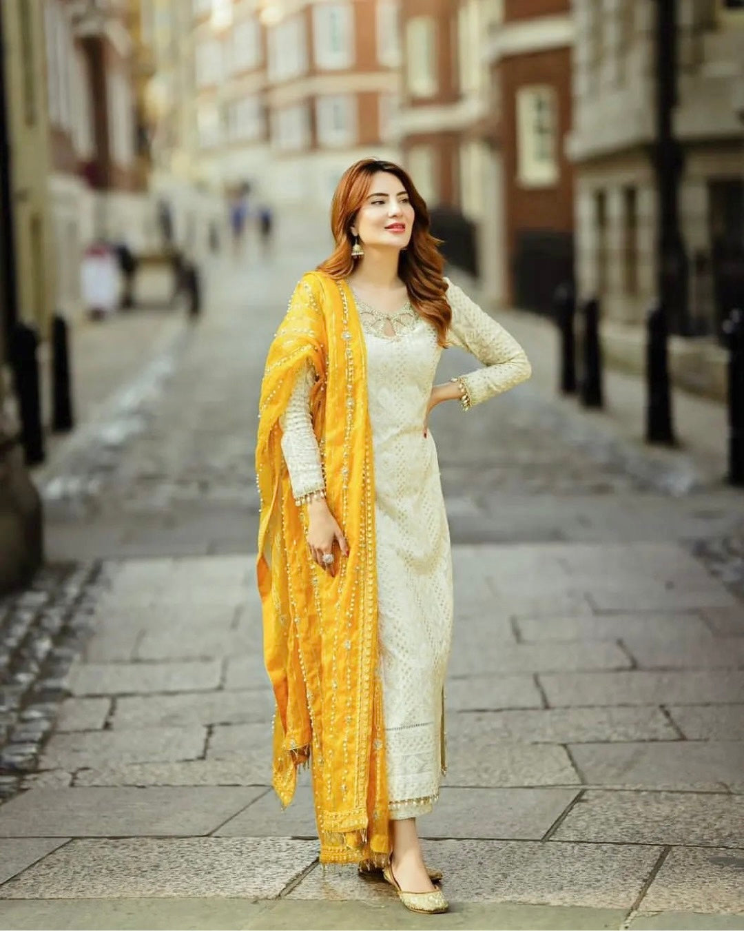 White and Yellow Georgette Kurta Dupatta Set