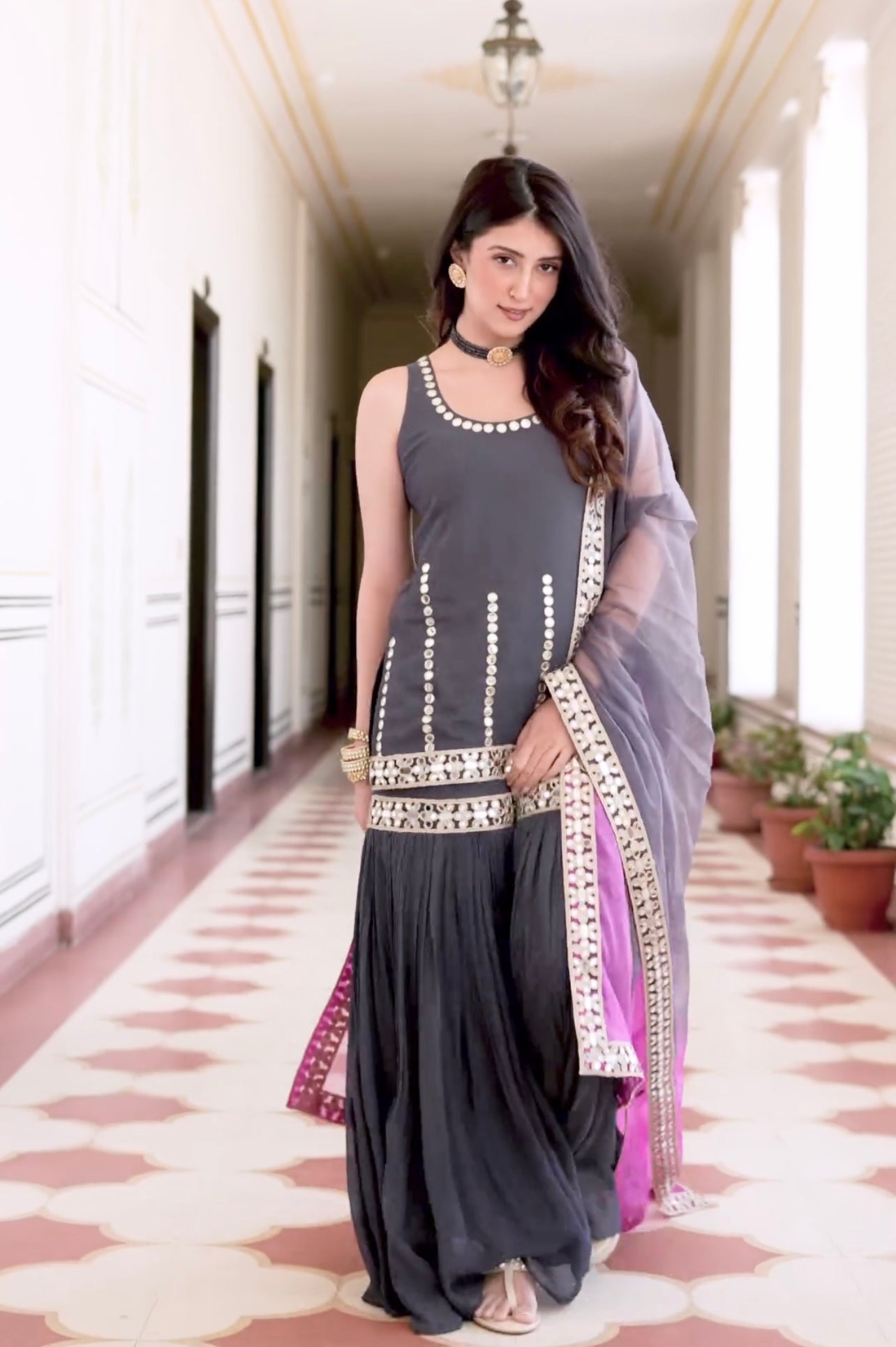 Grey Color Georgette Sharara Palazzo Set