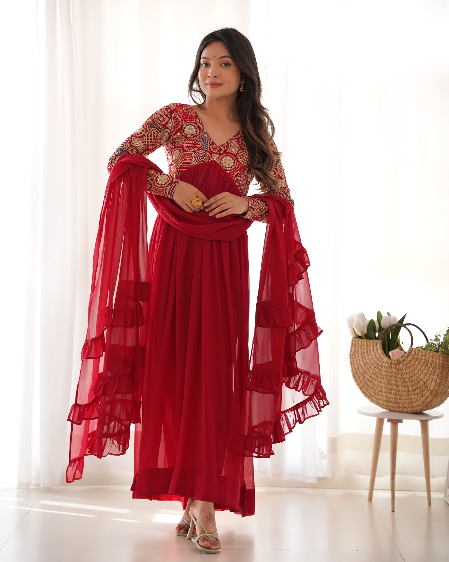Party Wear Red Color Heavy pure soft Organza Silk, Anarkali Suit Set With Full Sleeves