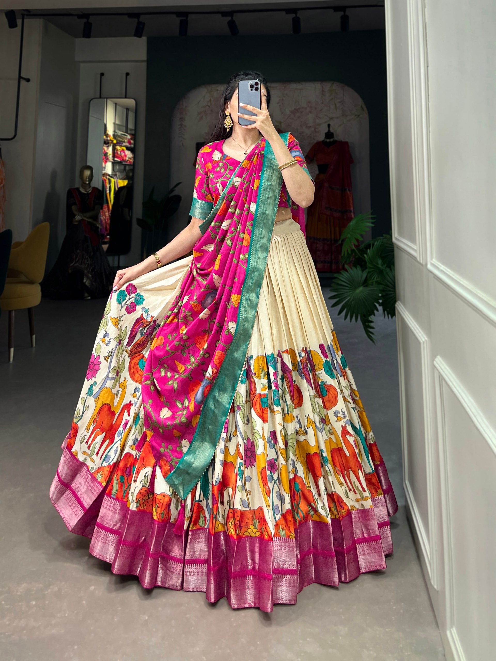 Kalamkari Printed Silk Lehenga Choli for Women