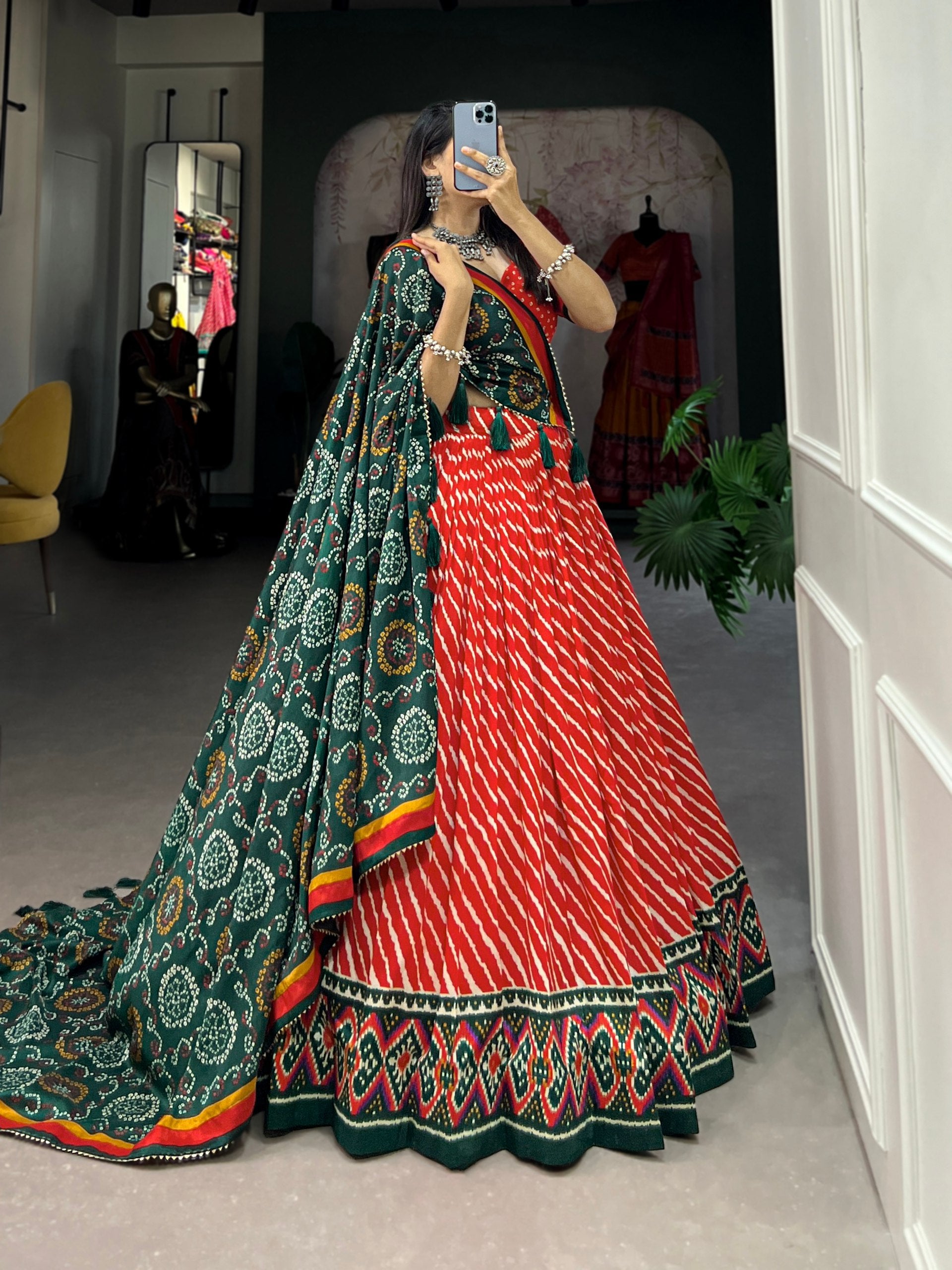 Tussar Silk Leheriya with Patola Print Border Lehenga Choli