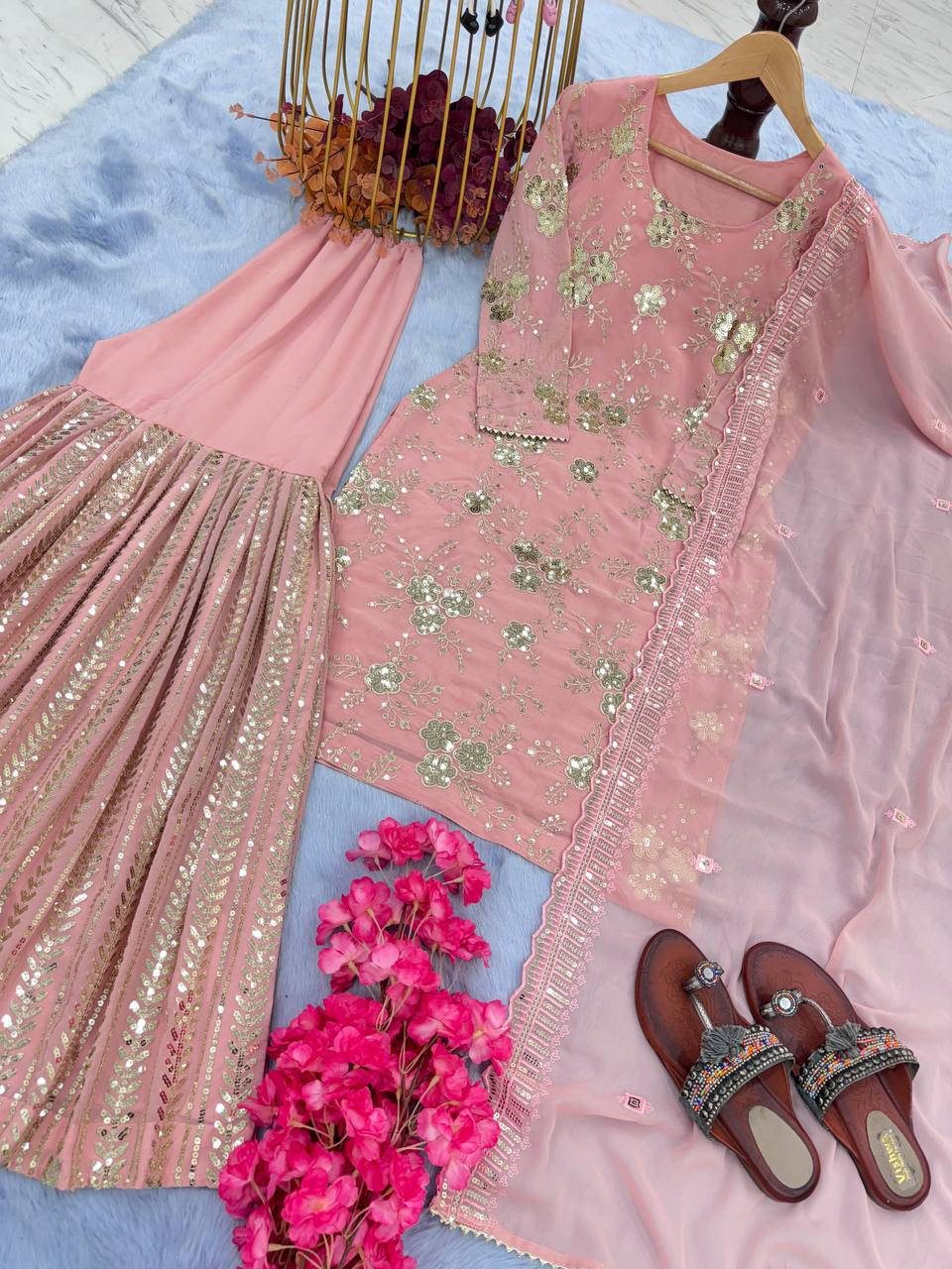 Elegant Faux Georgette Sharara Suit With Sequence Embroidery