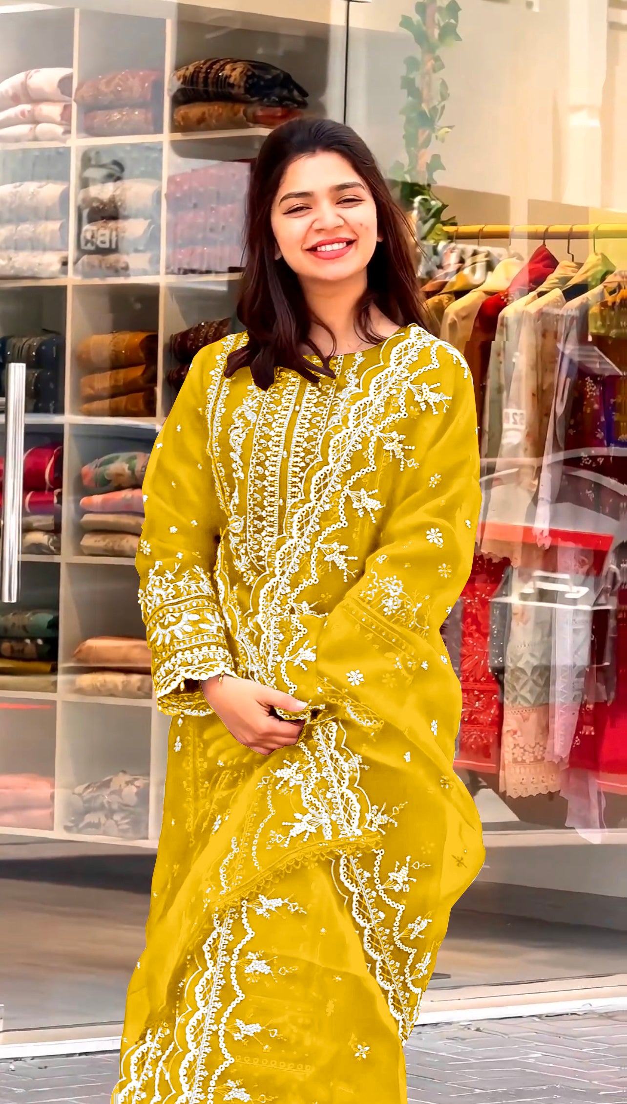 Pure Organza Yellow Salwar Kameez with Pent