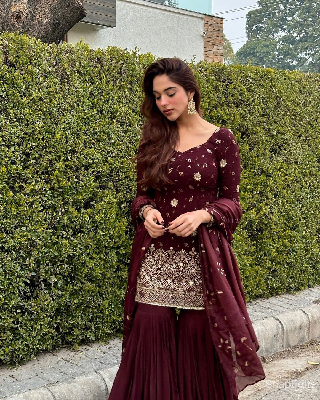 Maroon Color Sharara Set for Women Full Sleeved