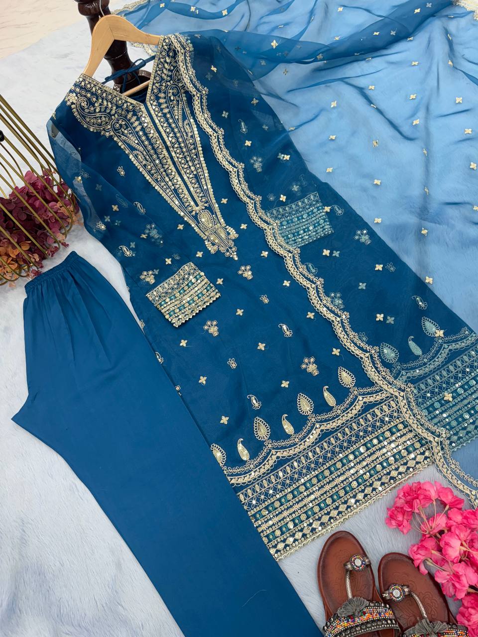 Partywear Sequence Embroidered Suit With Pant With Dupatta