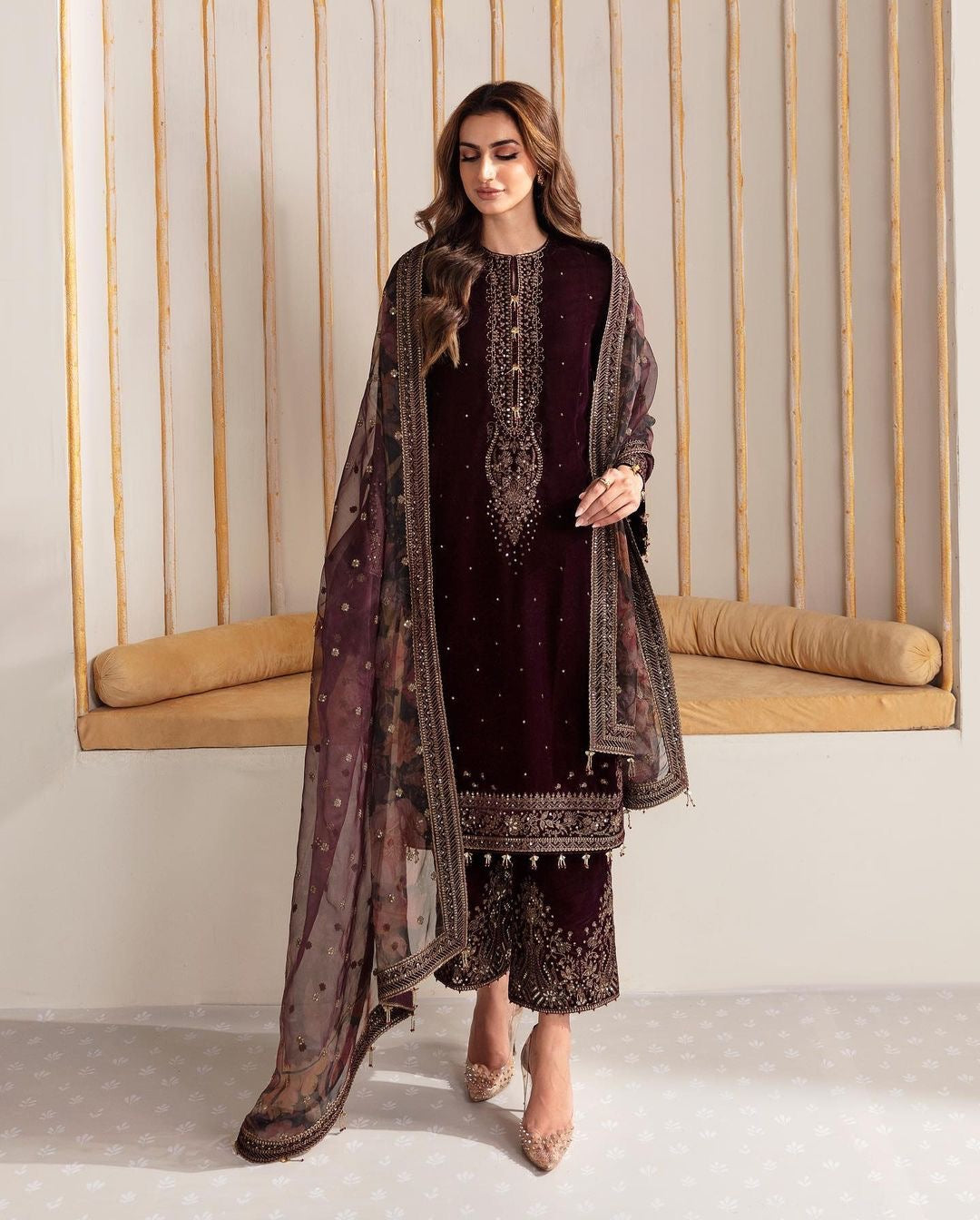 Luxurious Pure Viscose Velvet Palazzo Suit With Printed Dupatta