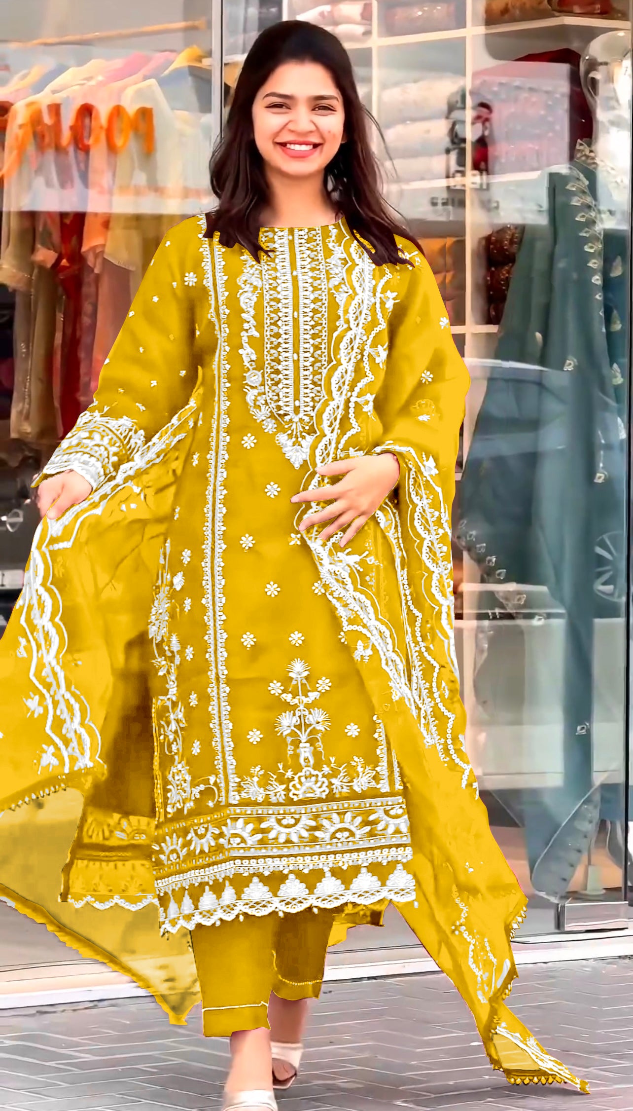 Pure Organza Yellow Salwar Kameez with Pent