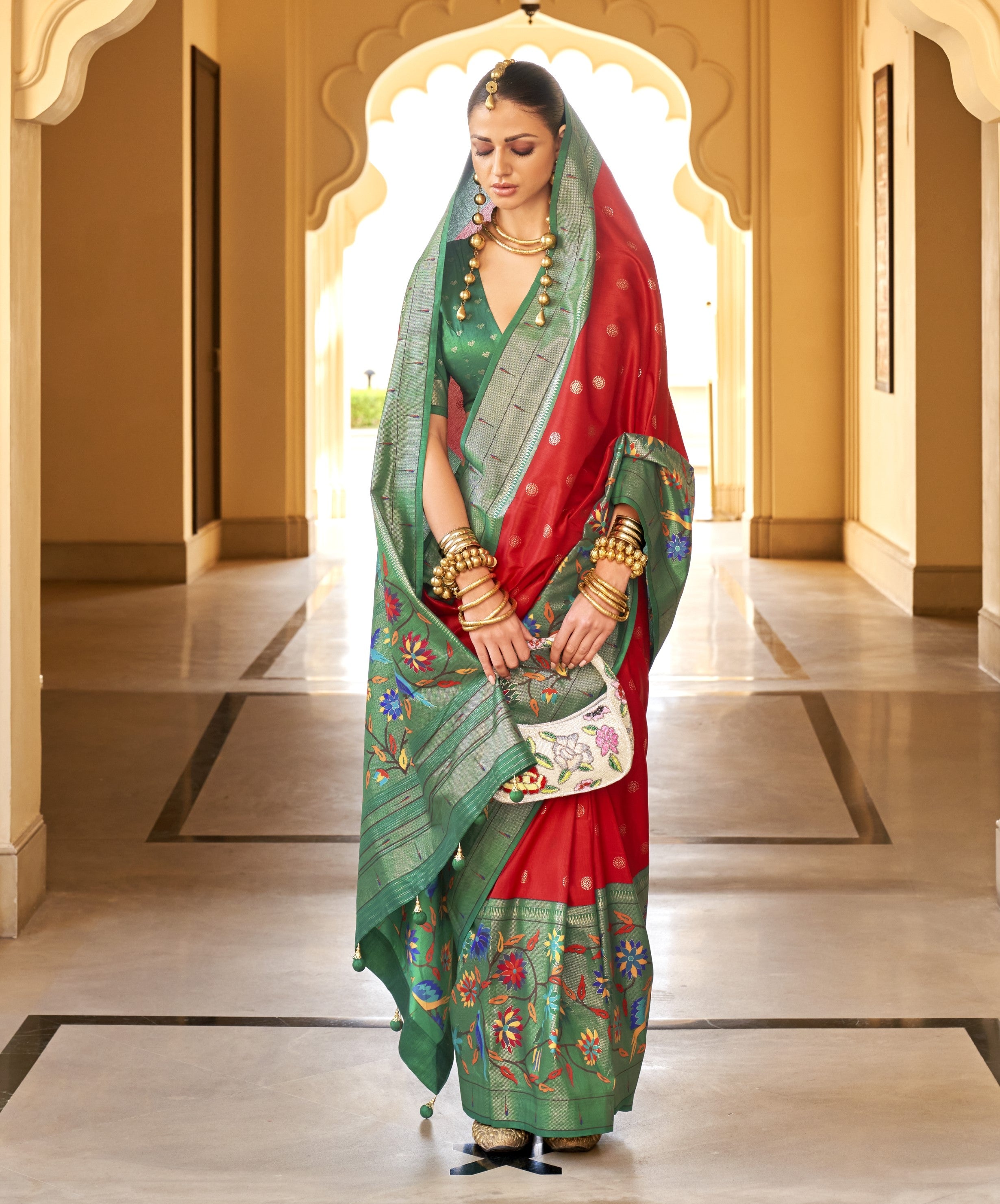 Green and Red  Paithini Silk Saree for Women