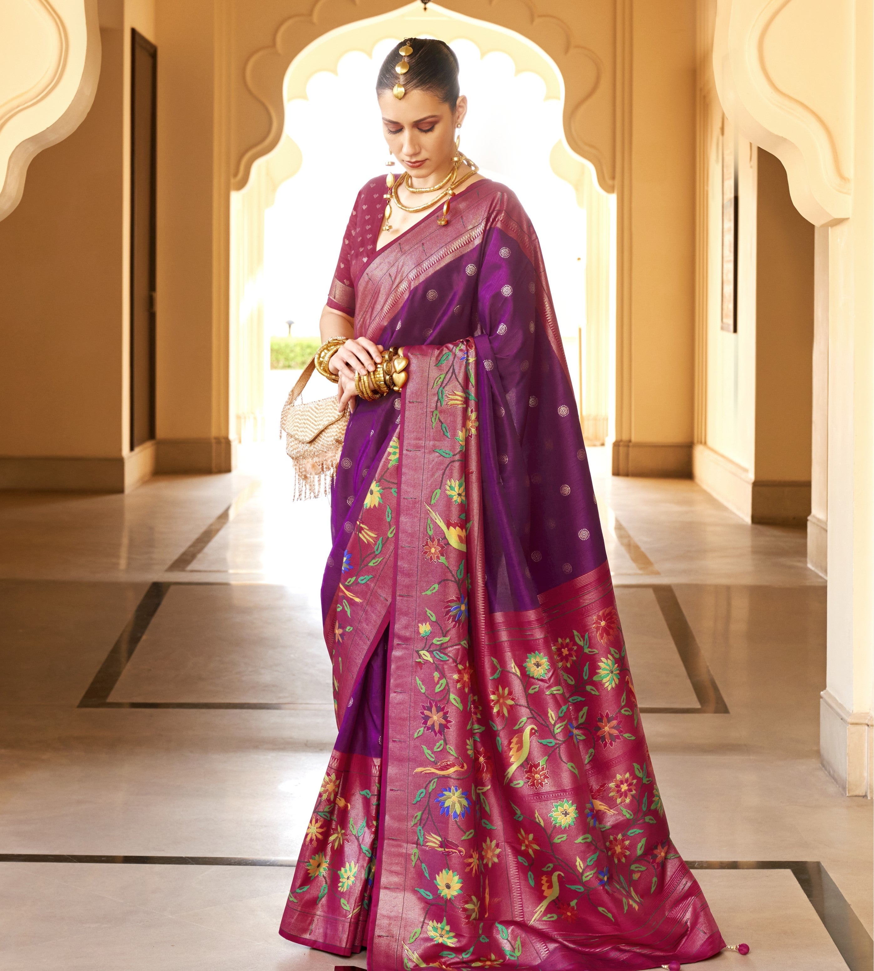 Purple Silk Paithini Printed Saree with V Neck Blouse