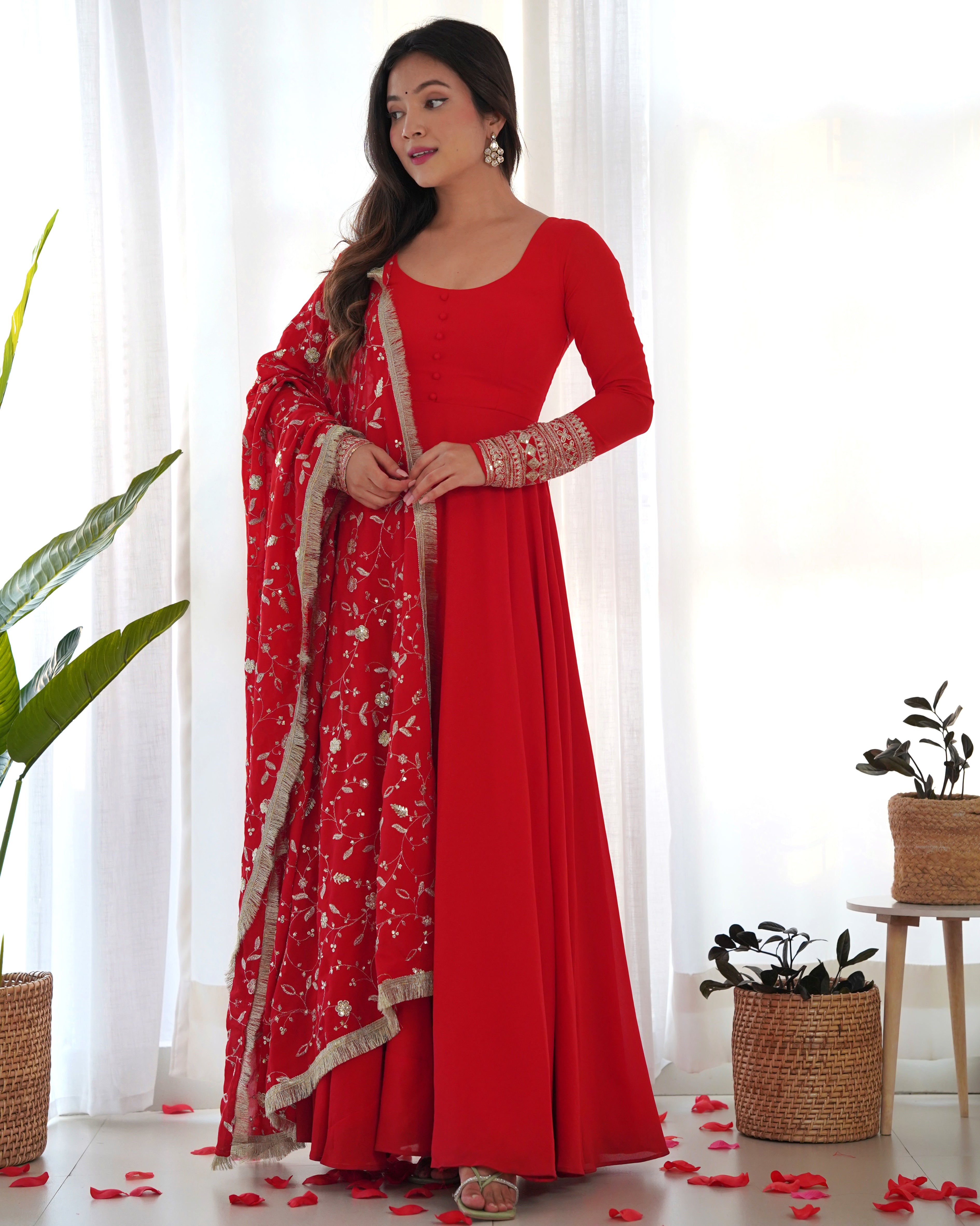 Red Soft Organza Silk Anarkali Gown for Women