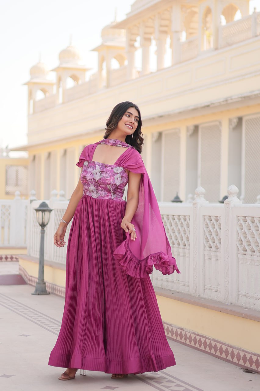 Pink Anarkali Gown Chinon Fabric for Women