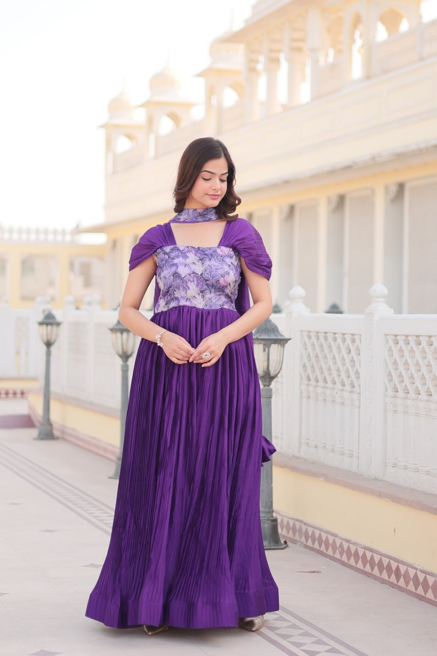 Flower Print Chinnon  Purple Anarkali Suit for Women