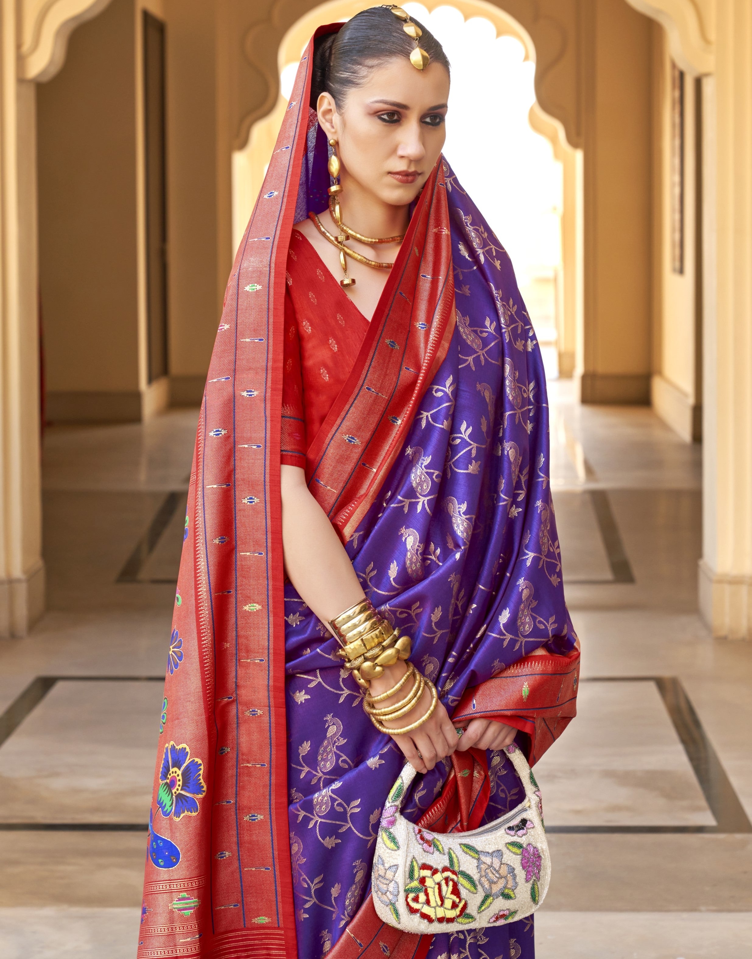 Purple Paithini Design Flower Printed Saree for Women