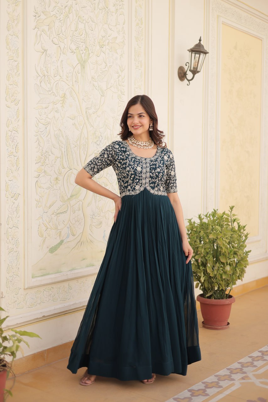 Green Anarkali Gown Embroidery, Zari and  Sequins Work