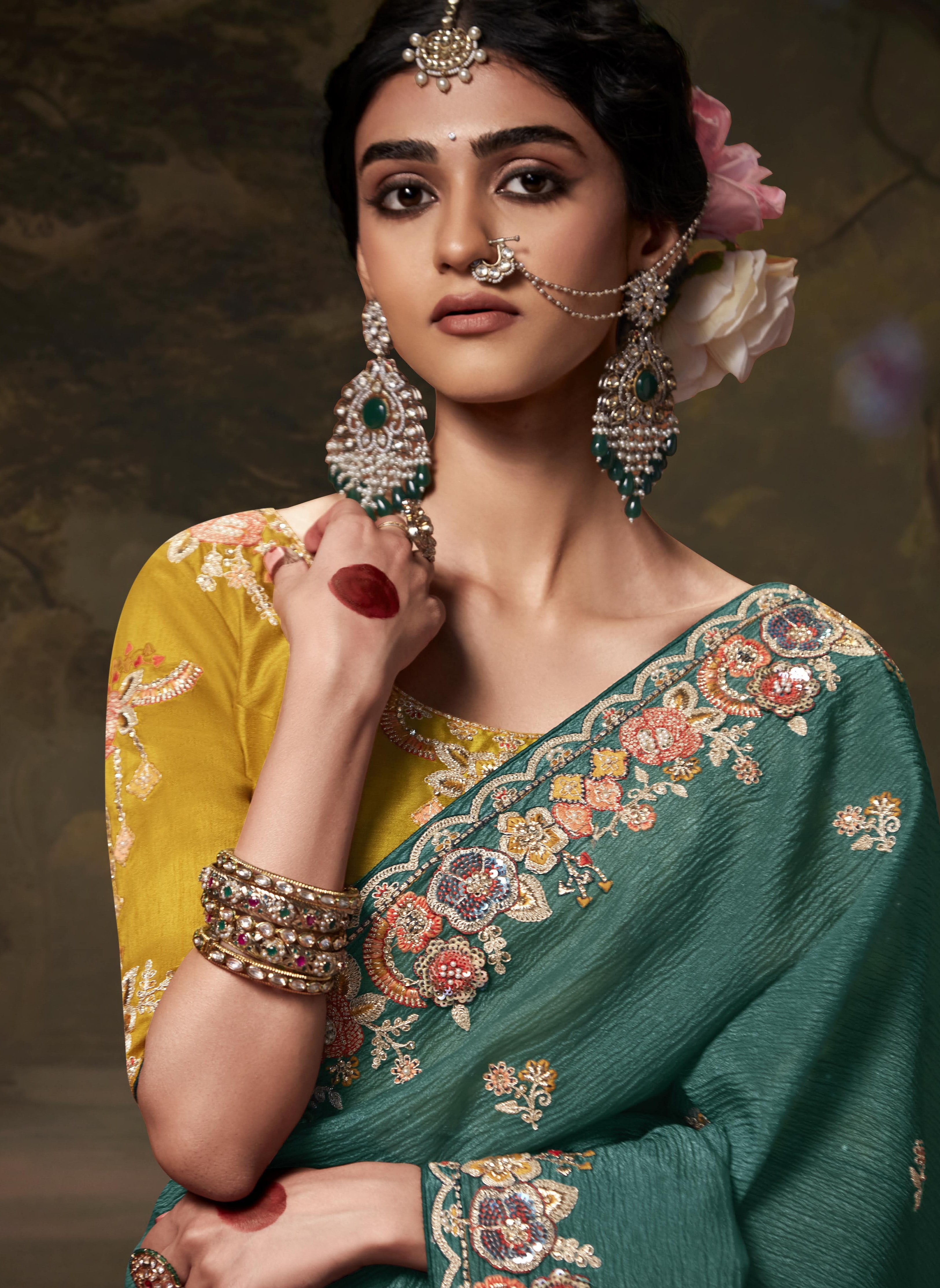 Vichitra Soft Silk with Embroidery Work Green Saree with Blouse