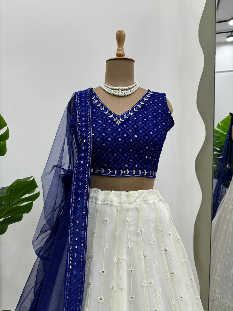 Partywear White Blue Color Lehenga Choli With Dupatta For Wedding Wear