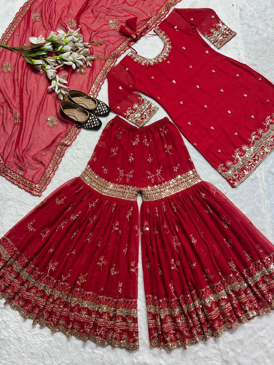 Latest Designer Red  Heavy Faux Georgette Sharara Palazzo Set