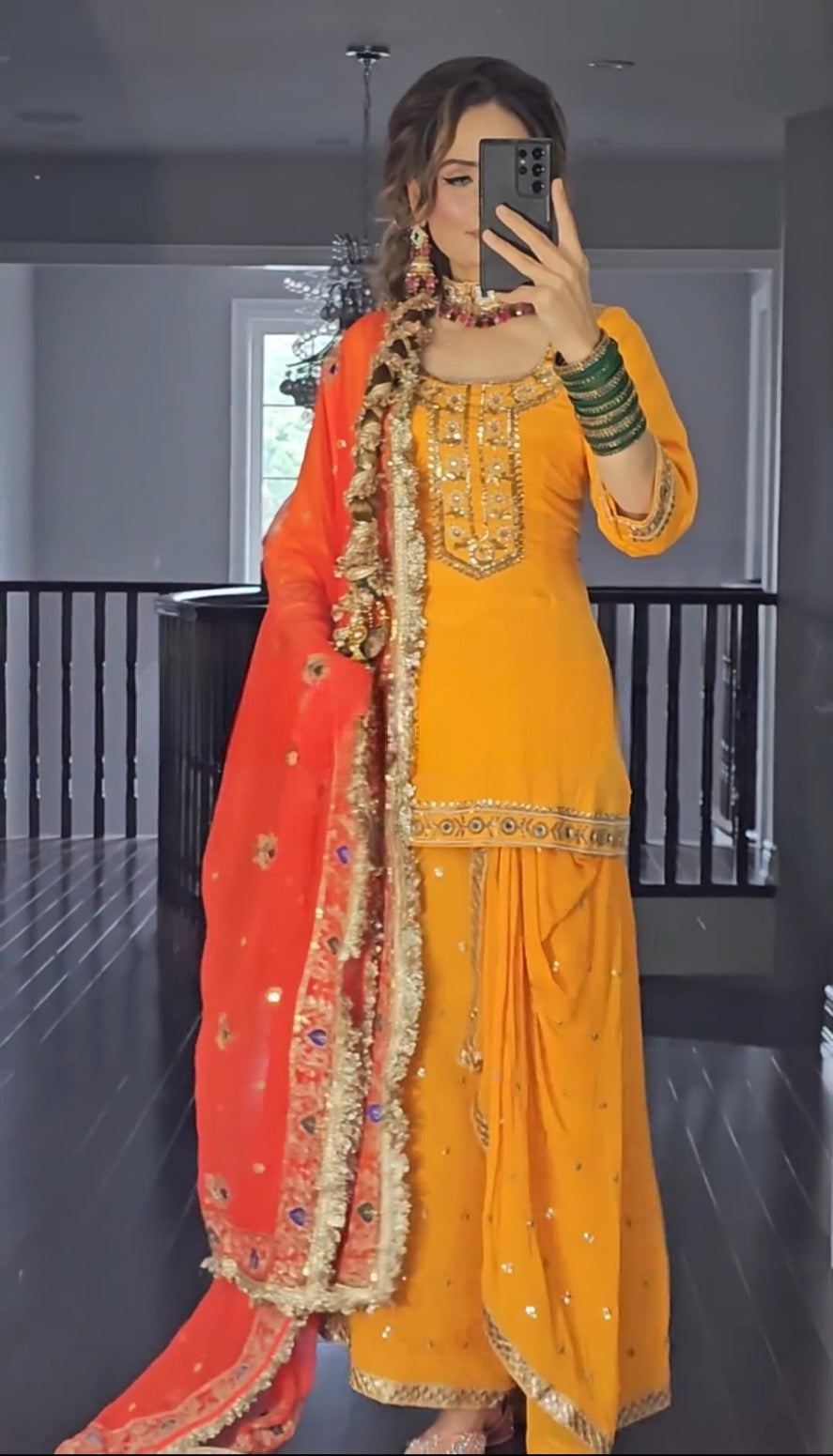 Georgette with Embroidery Yellow Wedding Occasion Top with Dhoti Skirt