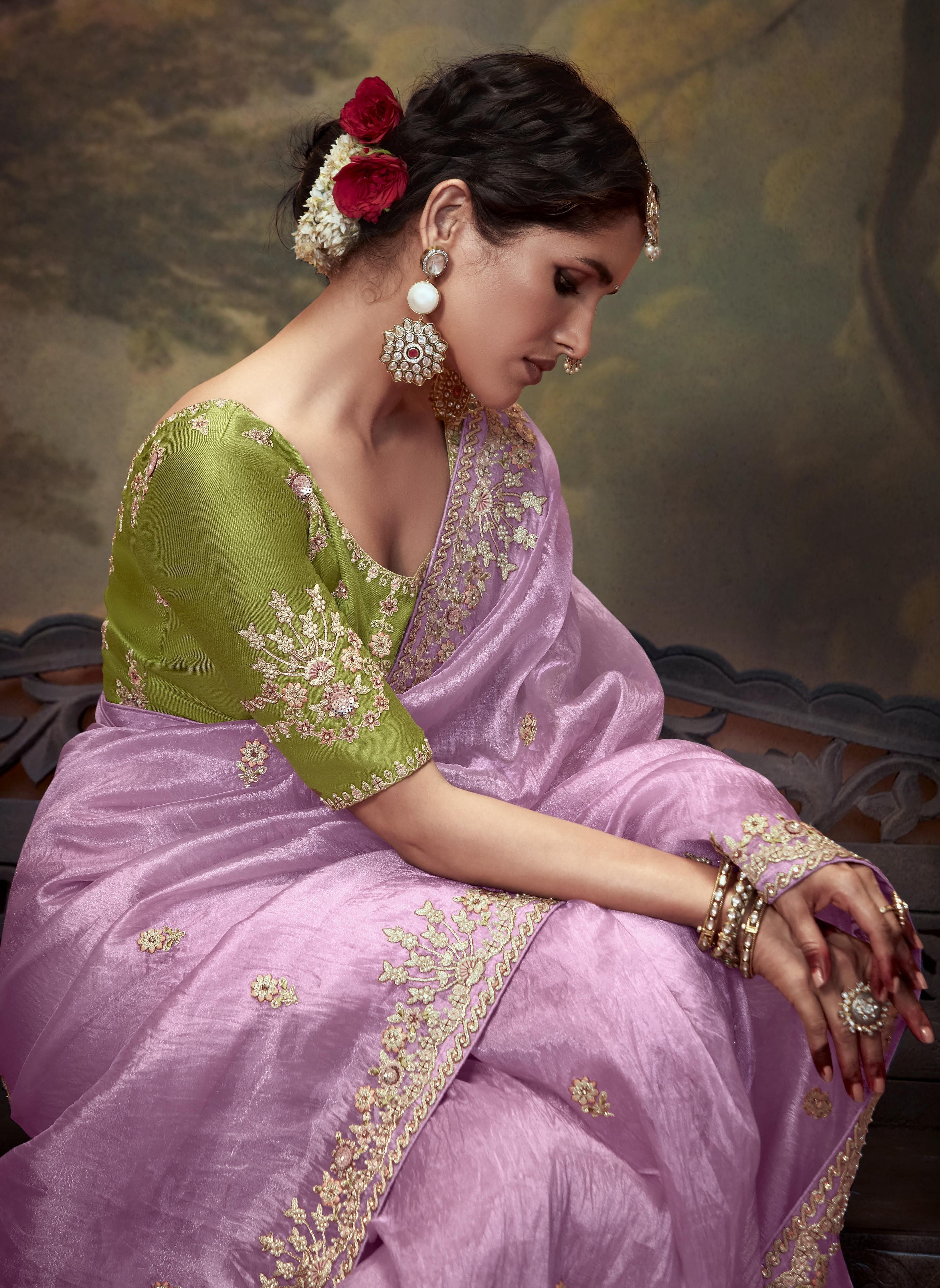 Pink Soft Saree and Green Embroidery Blouse for Women