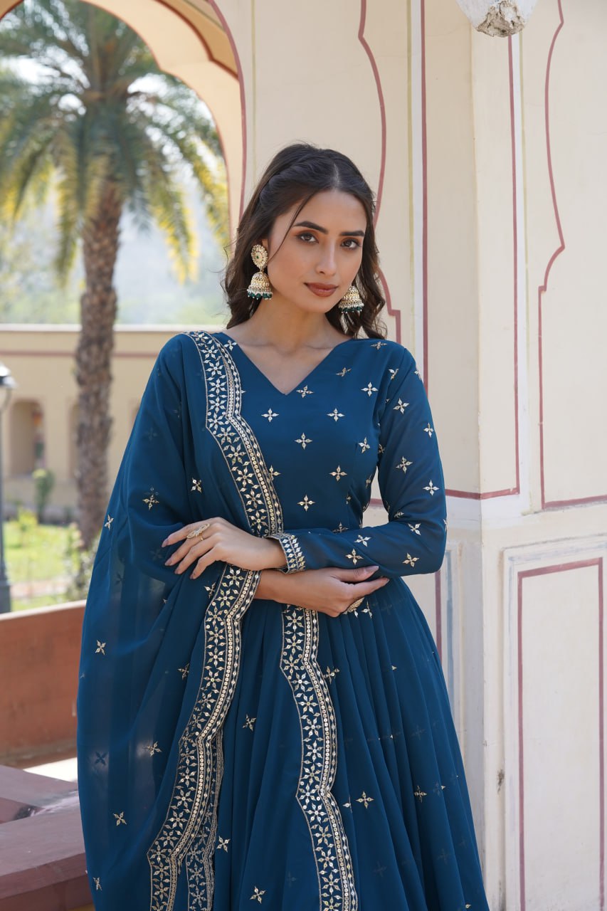 Russian Silk with Embroidery Printed Anarkali Gown