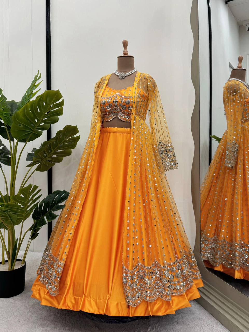 Luxurious Japan Satin Lehenga with 4.5 Meter Flair, Butterfly Net Choli & Koti with Sequins