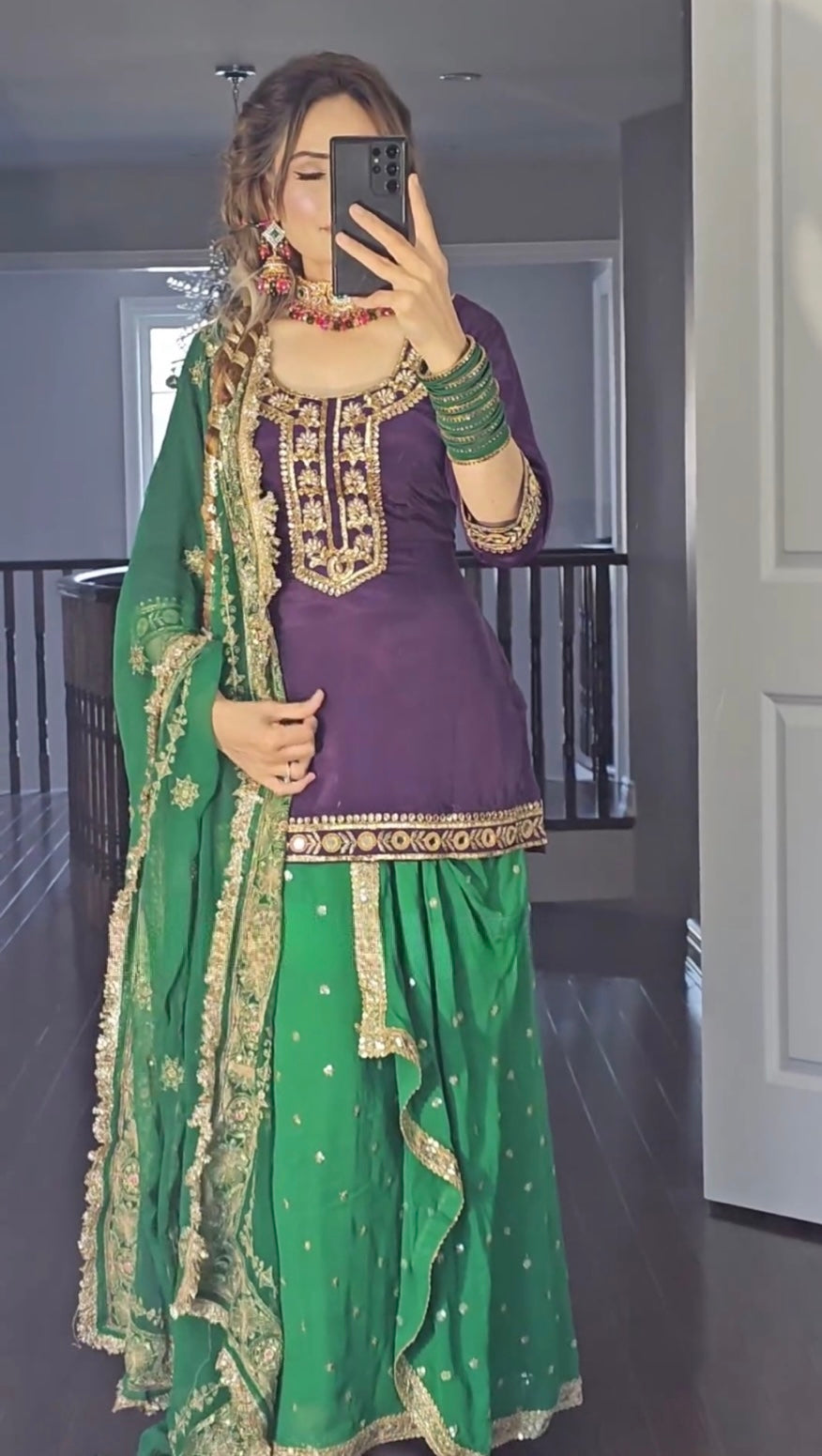 Faux Georgette Purple and Green Punjabi Suit with Dhoti Skirt