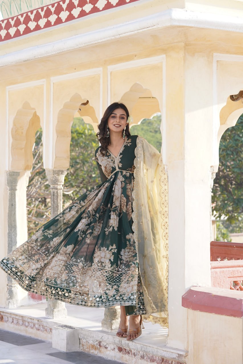 Silk with Embroidery Green Anarkali Suit