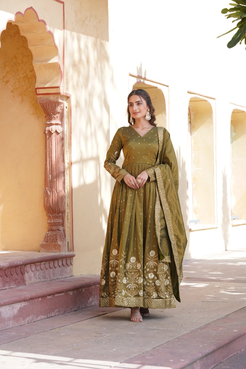 Green Anarkali Gown for Weddings Mehndi Function