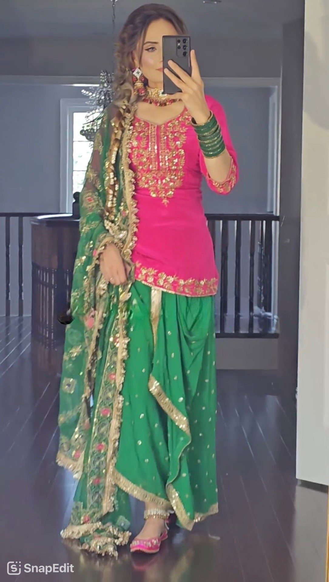 Pink and Green Punjabi Wedding Top with Dhoti Skirt