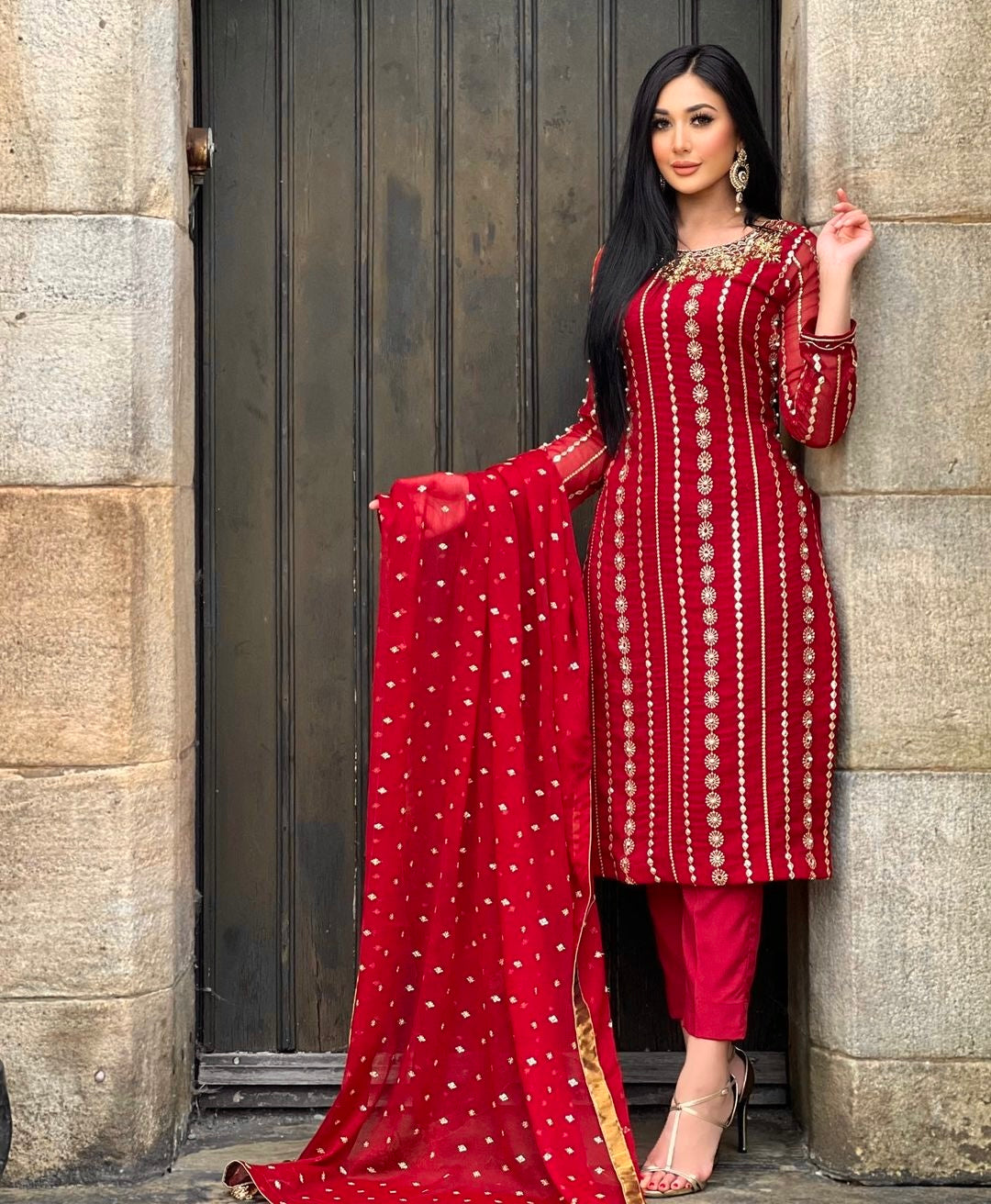 Georgette with Embroidery Red Salwar Suit