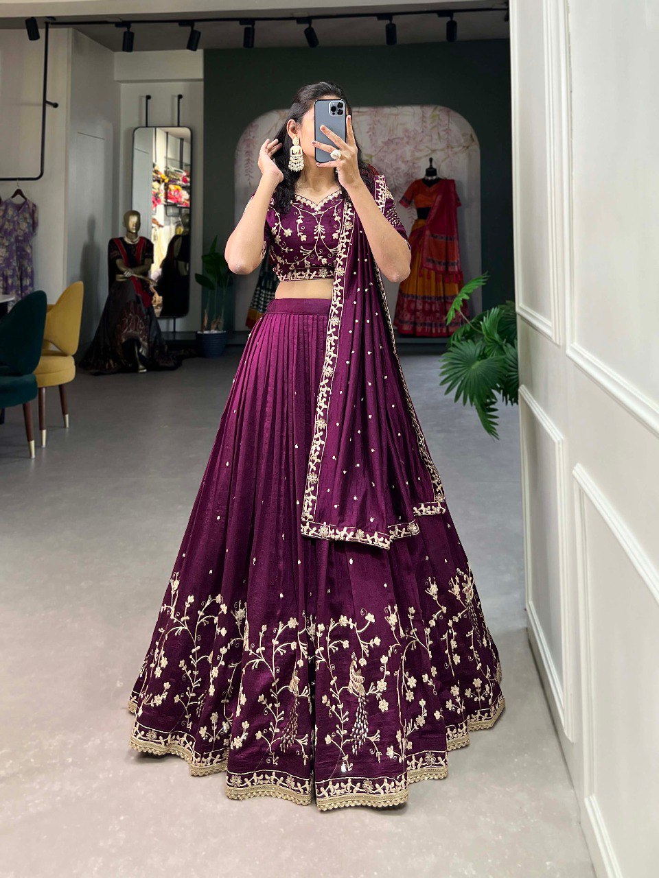 Luxurious Vichitra Silk Sequins and Embroidery Lehenga Choli