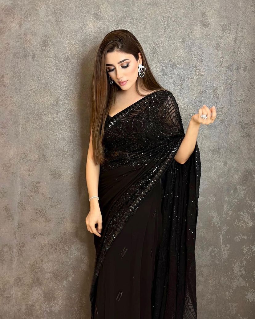 Partywear Black Georgette Saree for Women, Indian Ethnic Wear