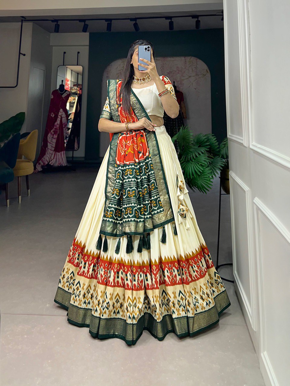 Elegant Tussar Silk Lehenga Set with Patola Print and Foil Work