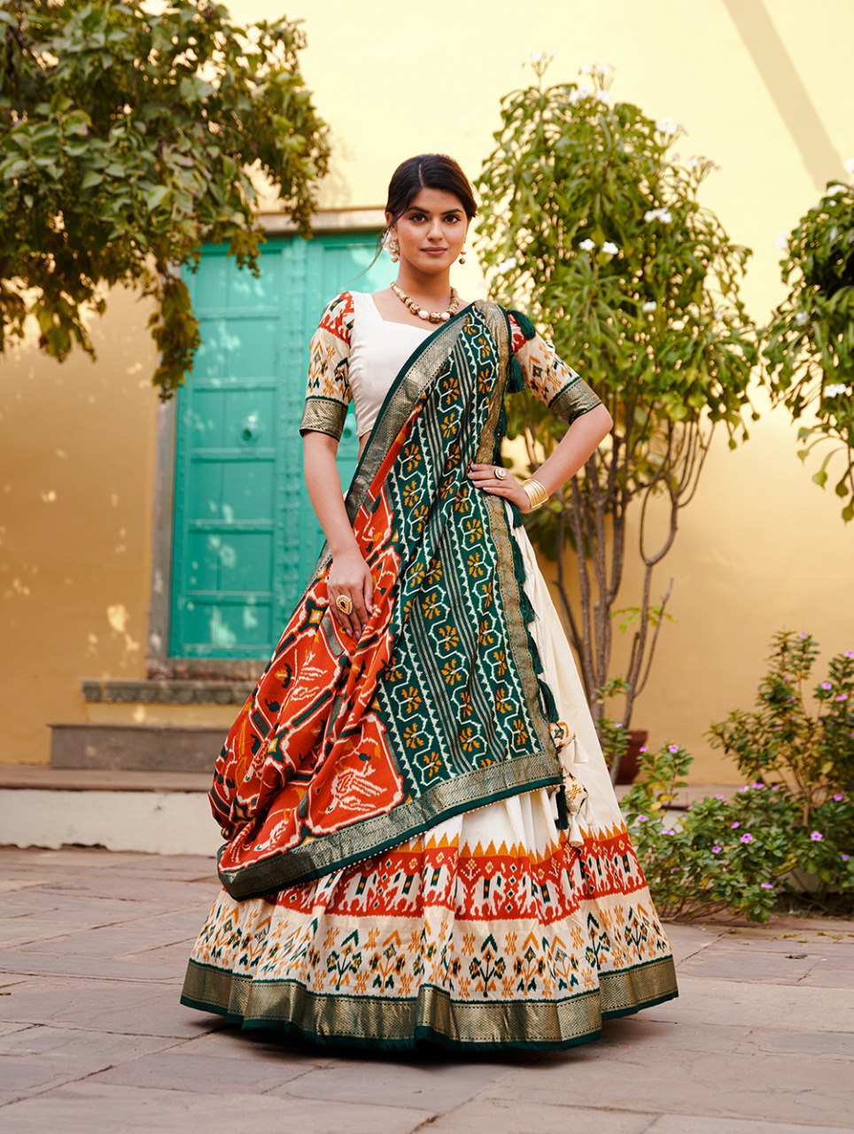 Opulent Tussar Silk Lehenga Set with Patola and Foil Print, Traditional Outfits For Women