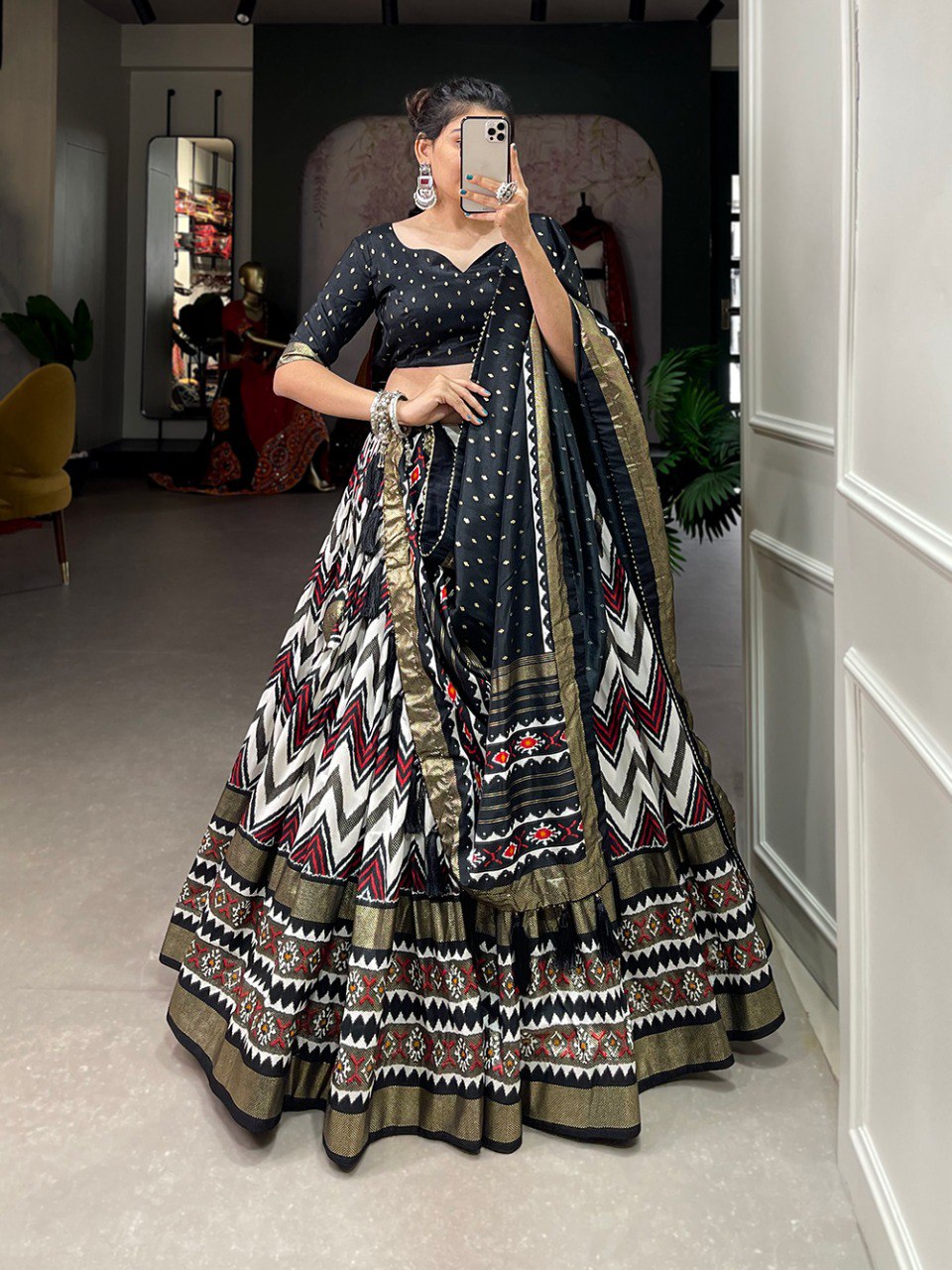 Black Tussar Silk Lehenga Blouse with Dupatta for Women