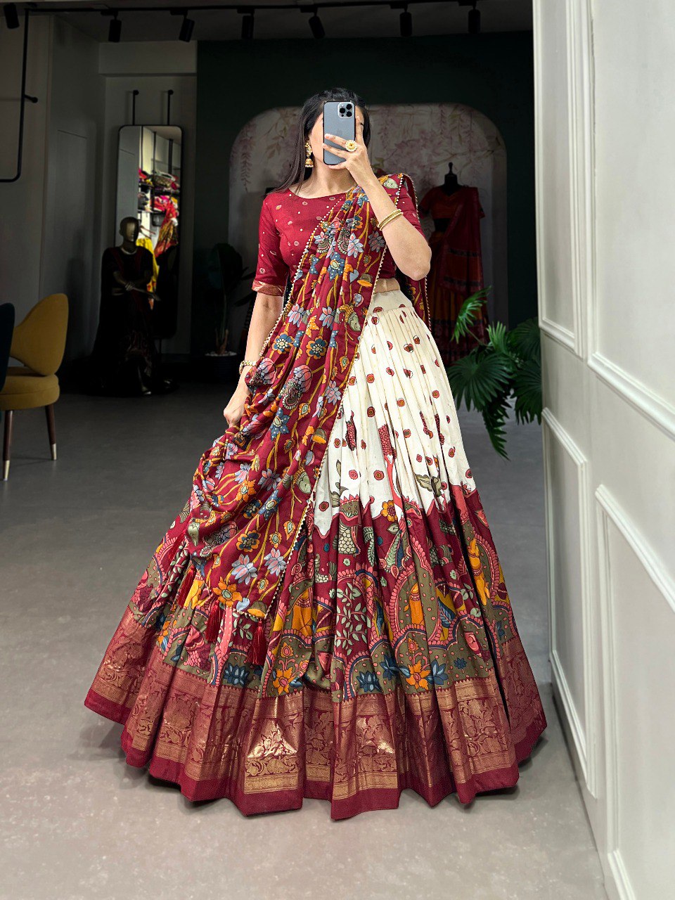 Kalamkari Print Tussar Silk Navratri Lehenga Set for Women