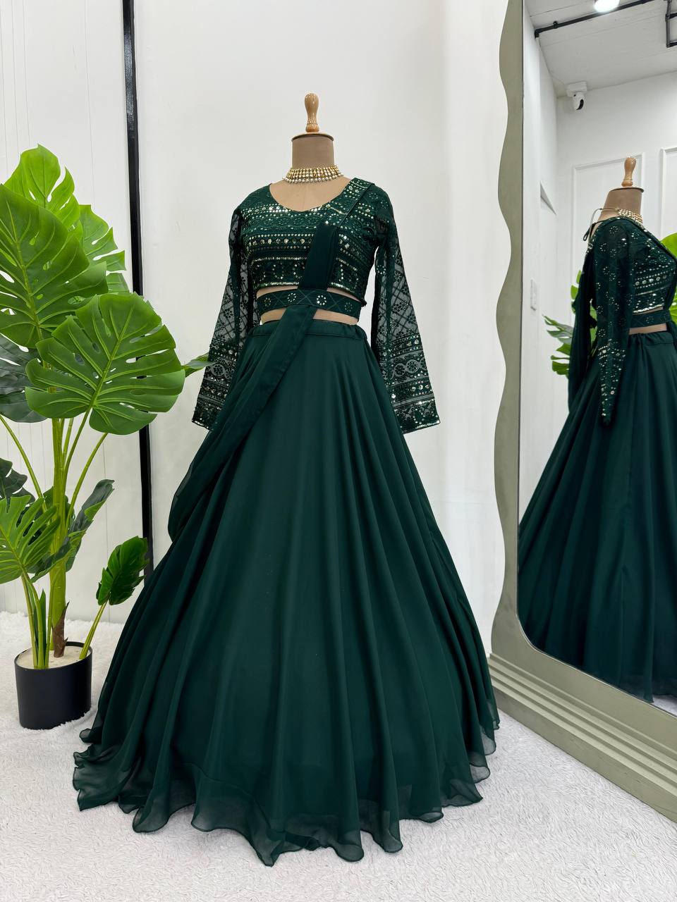 Green Faux Georgette Lehenga Choli for Women