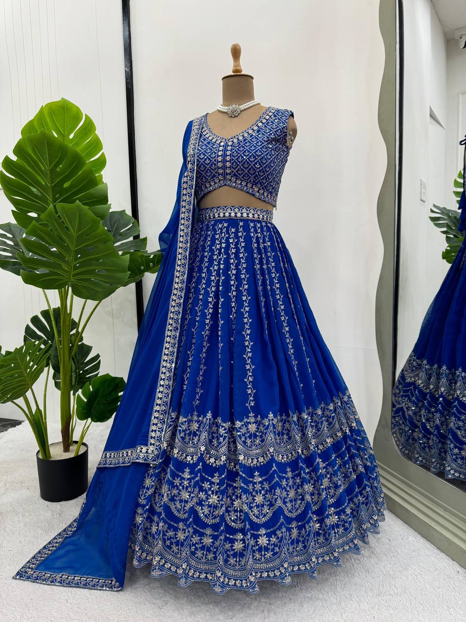 Blue Foux Georgette Embroidery Lehenga Choli for Women