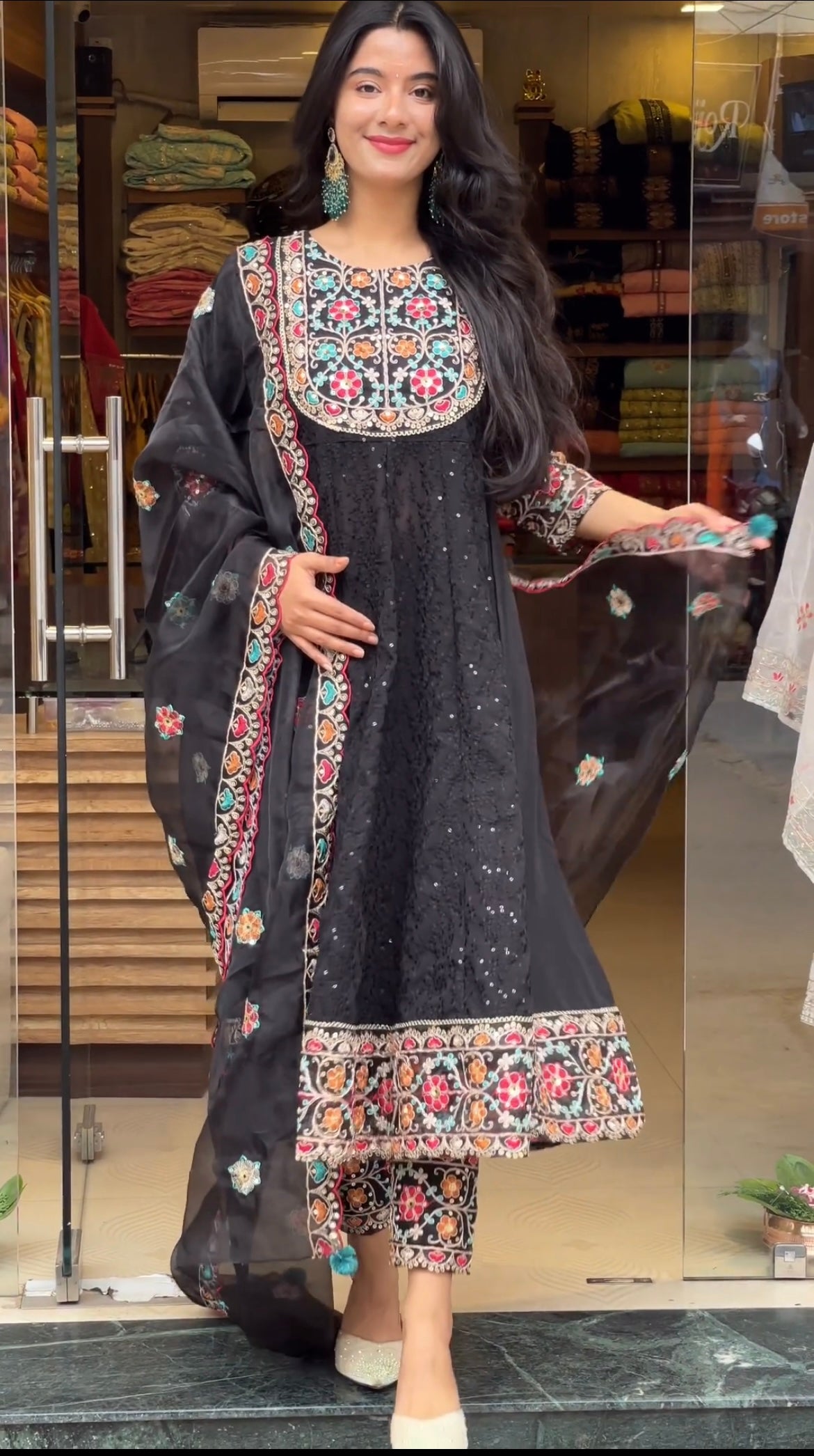 Georgette with Sleeves Black Gown with Dupatta Set