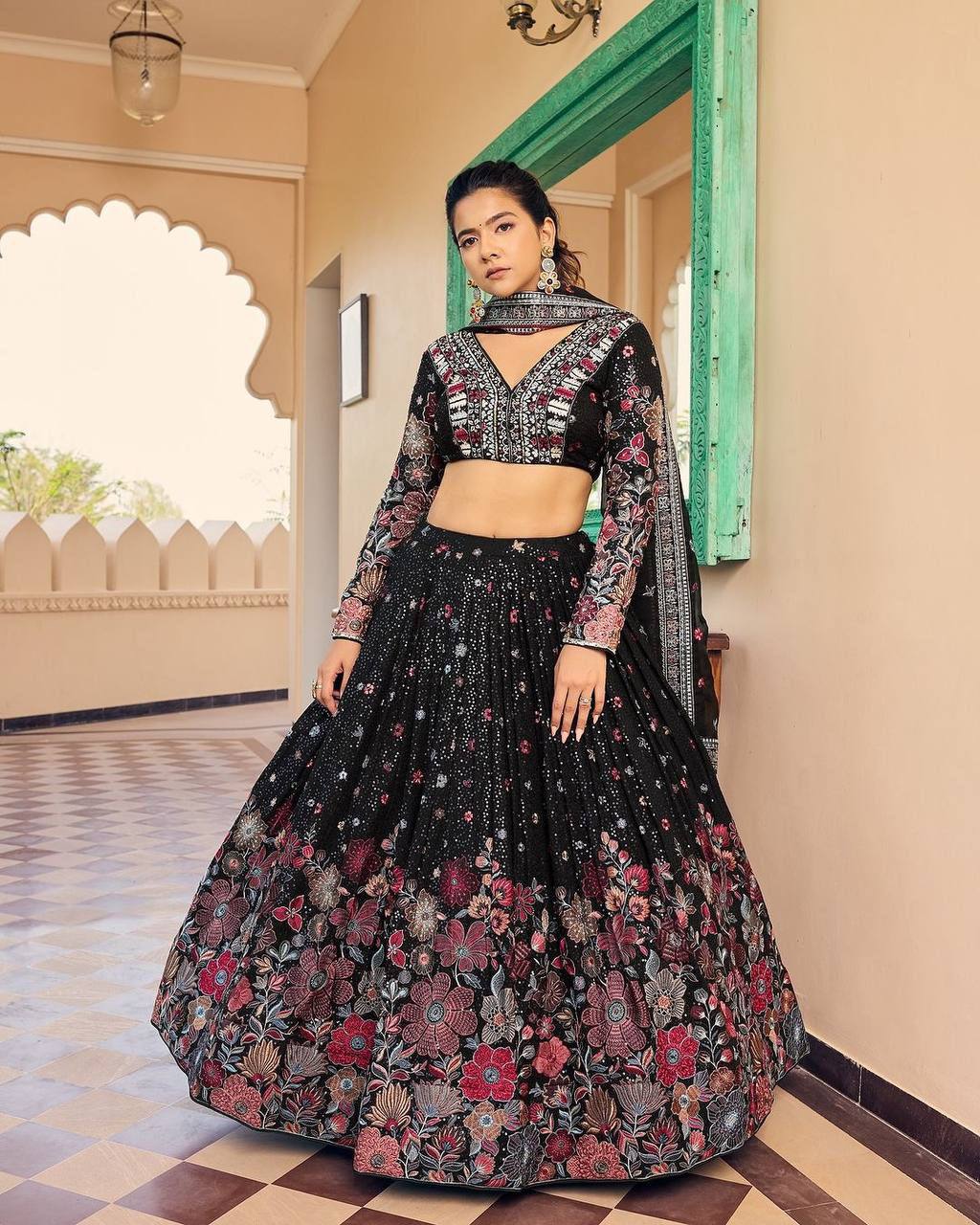 V Neck Georgette Designer Lehenga Choli for Women