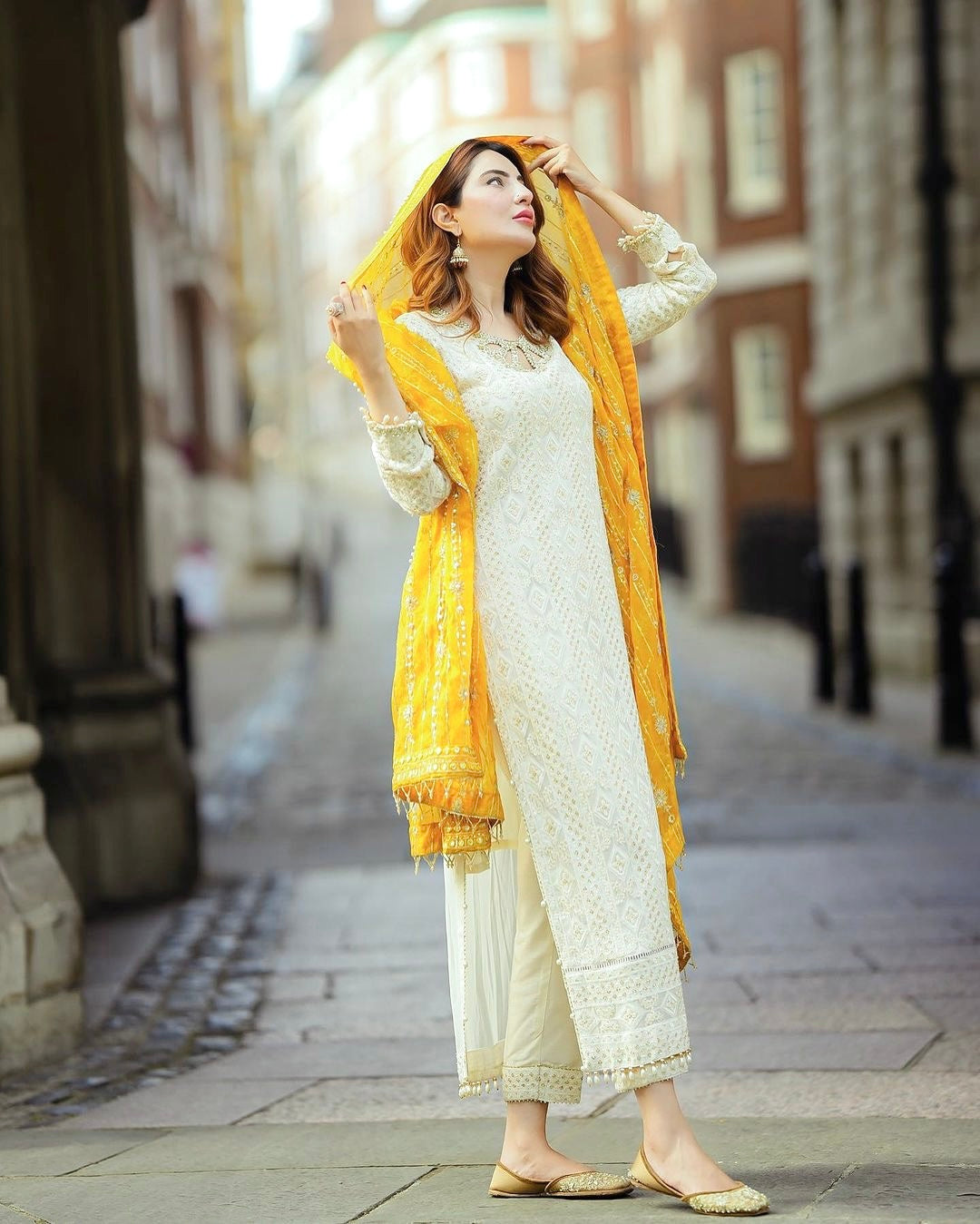 White and Yellow Georgette Kurta Dupatta Set