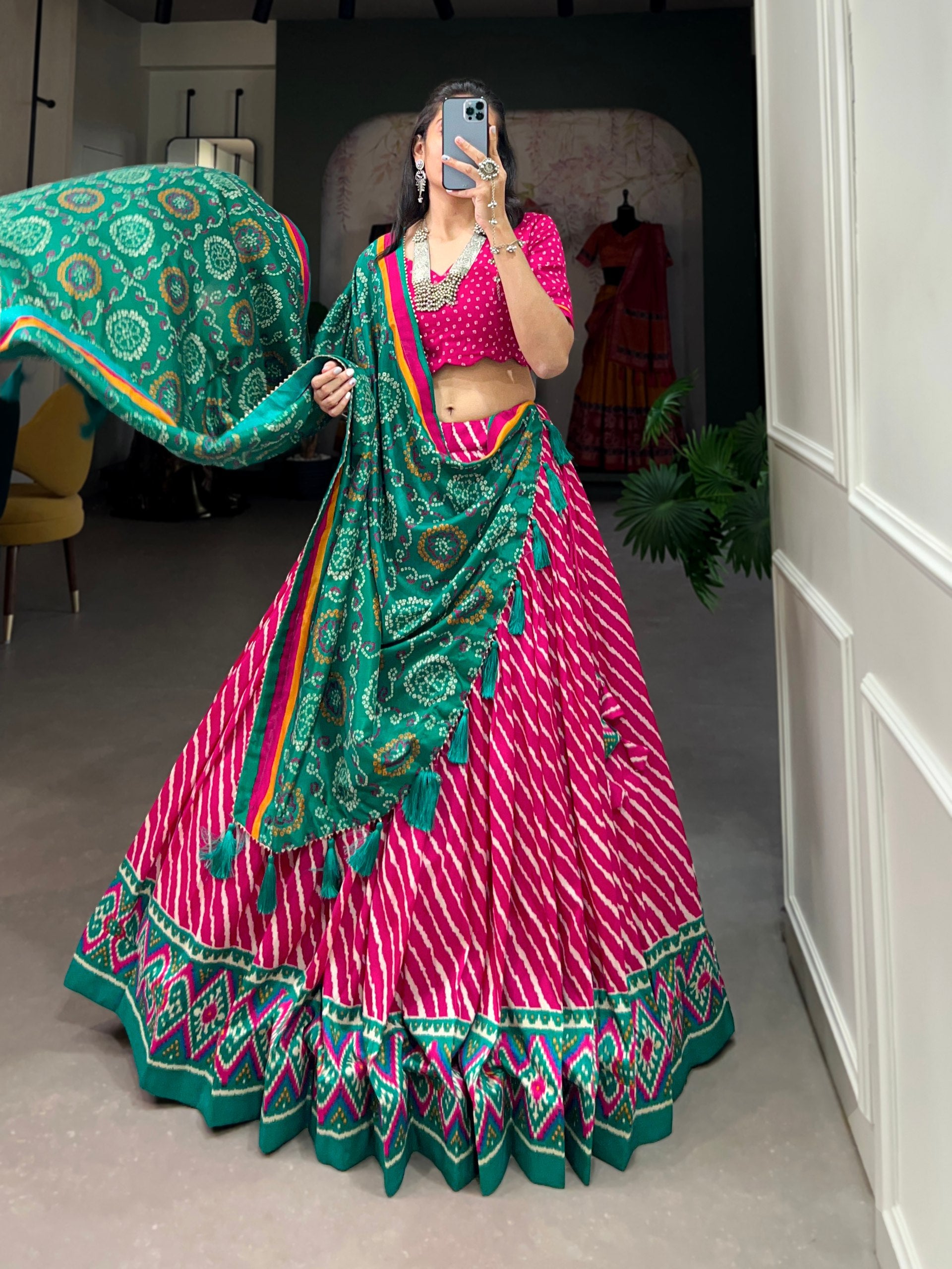 Tussar Silk Leheriya with Patola Print Border Lehenga Choli