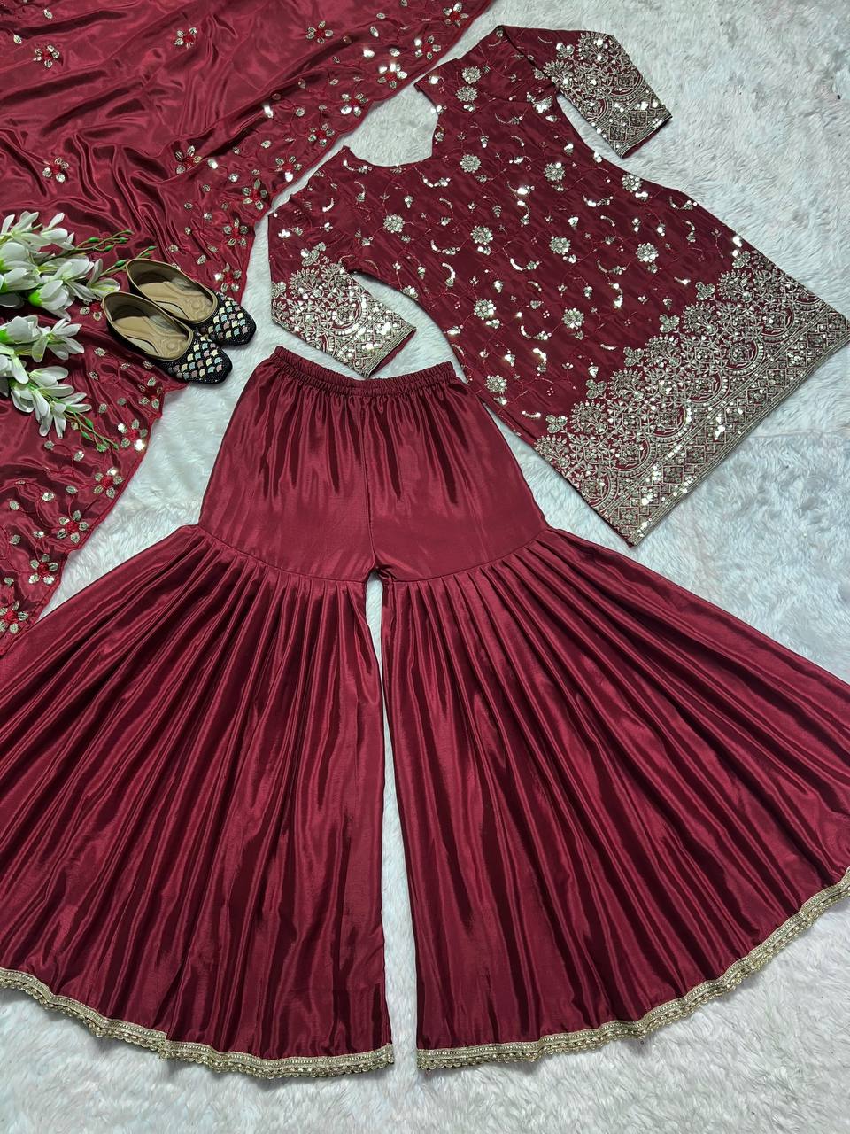 Maroon Color Sharara Set for Women Full Sleeved