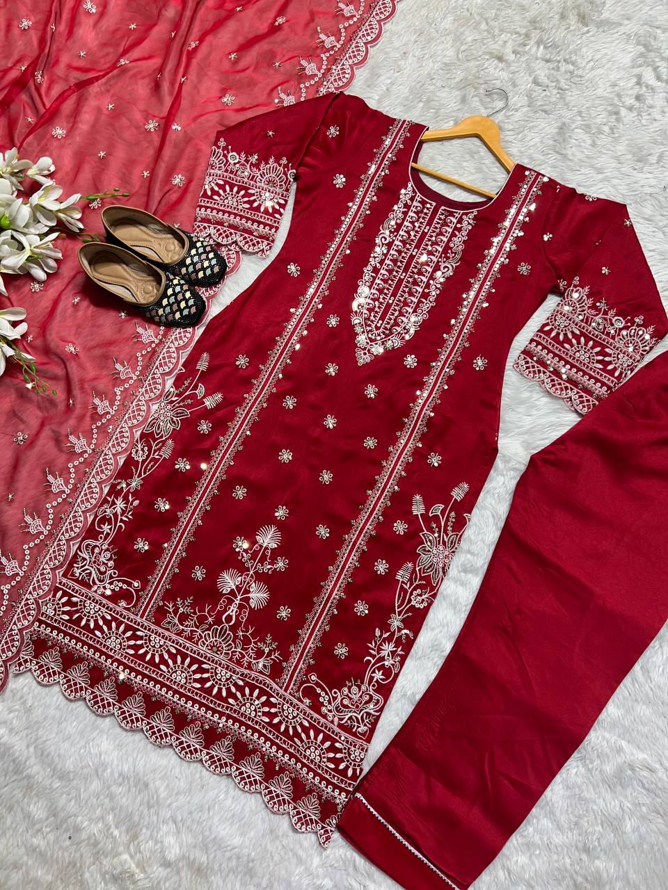 Heavy Pure Organza Red Salwar Kameez for Women