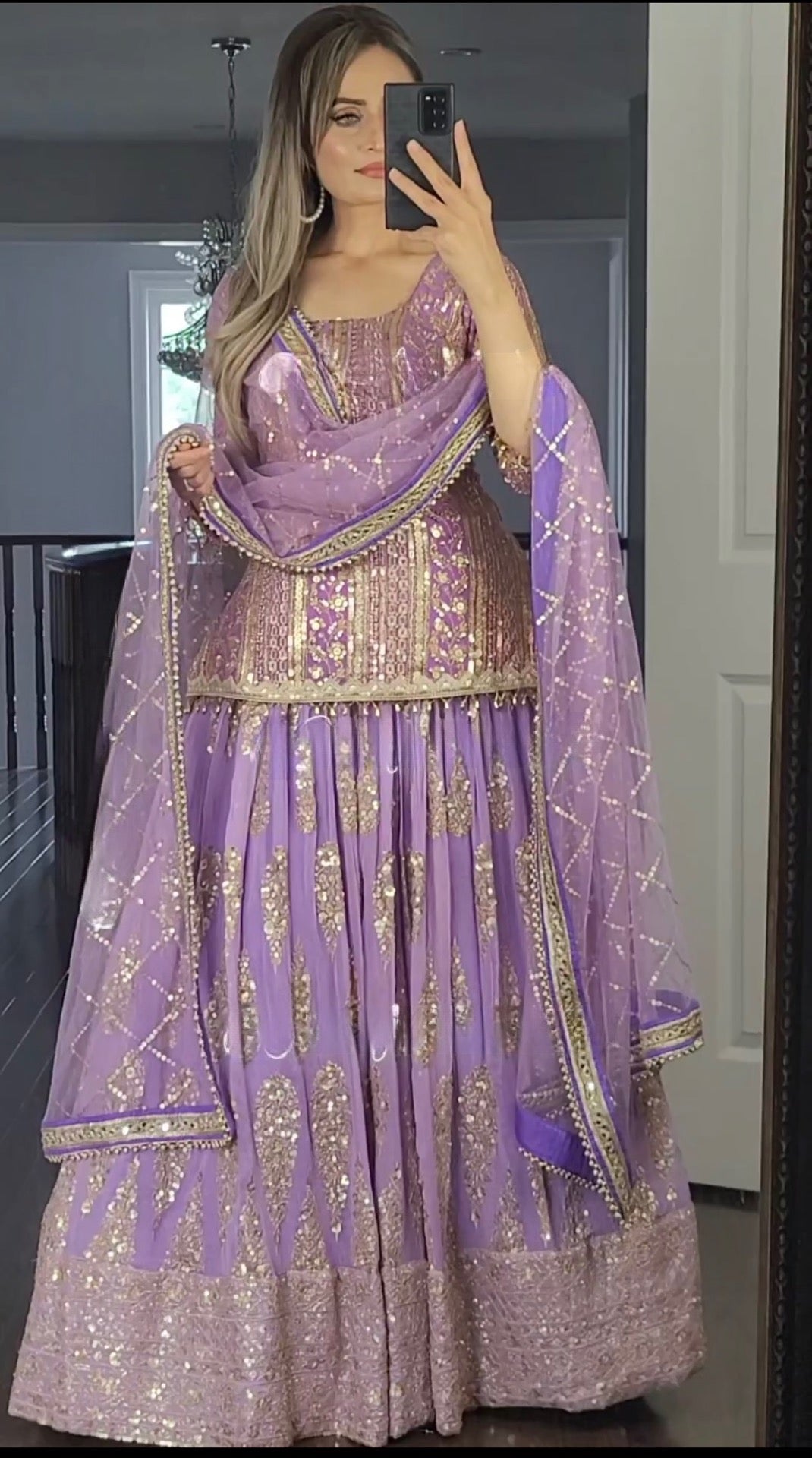 Semi-Stitched Faux Georgette Lehenga with Fully Stitched Top and Embellished Dupatta