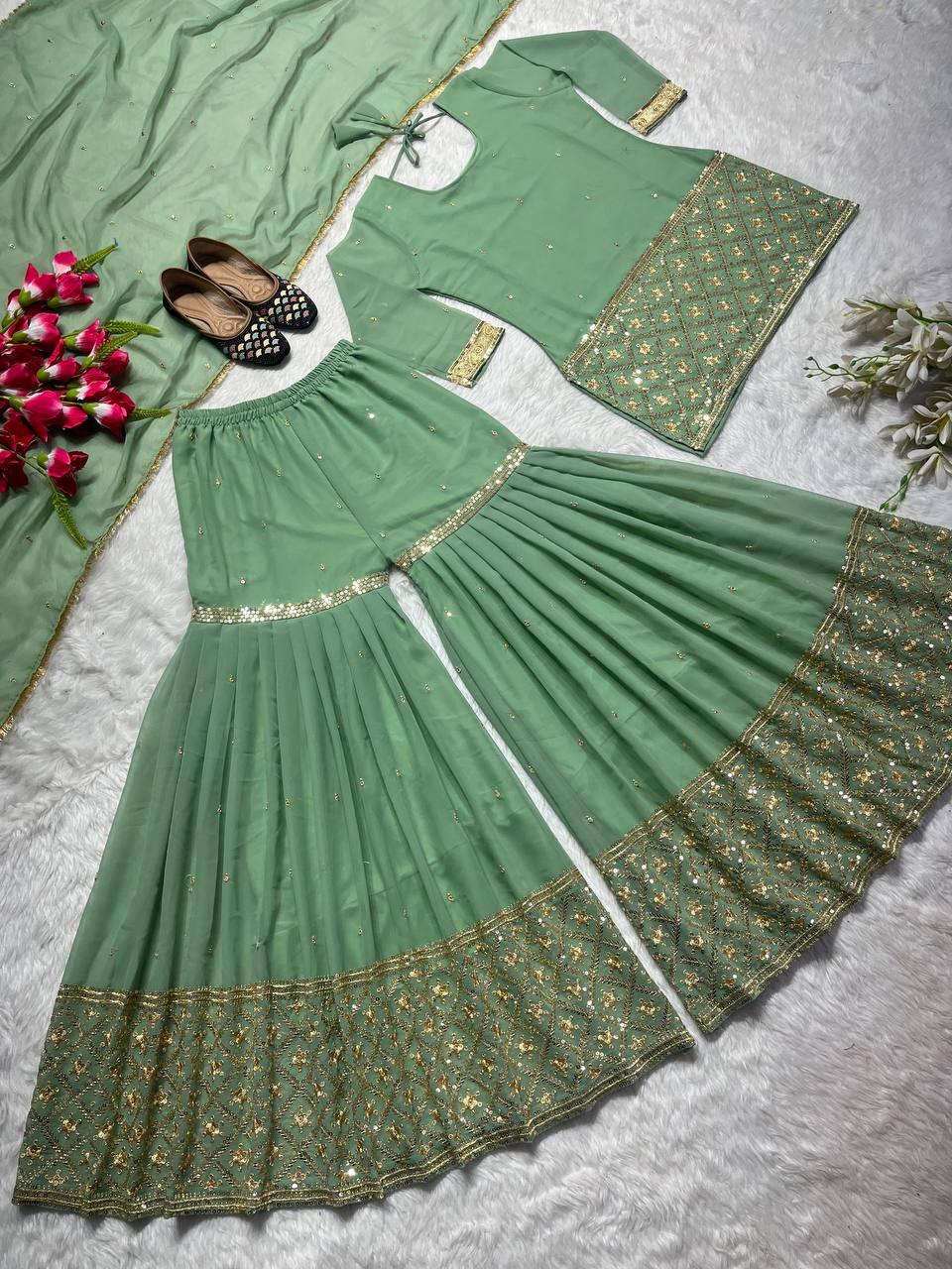 Pink and Green Sharara Set Heavy Faux Georgette